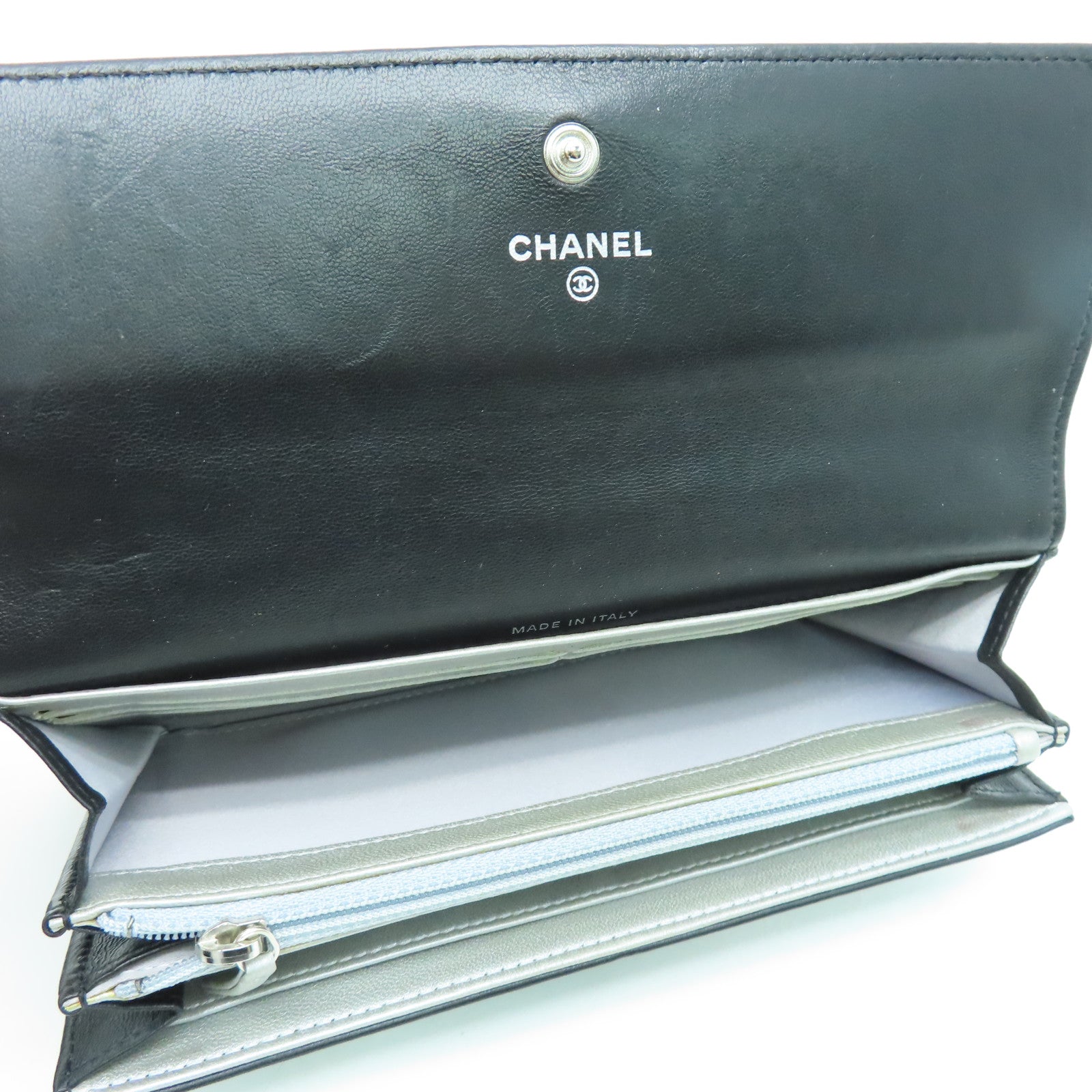 CHANEL 羊皮皮革Long Wallet银扣长钱包黑色
