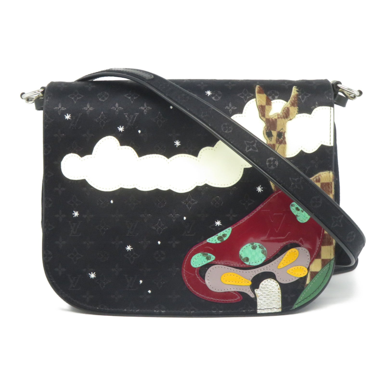 LOUIS VUITTON Monogram Satin Comte De Fe Musette銀扣肩背袋黑色