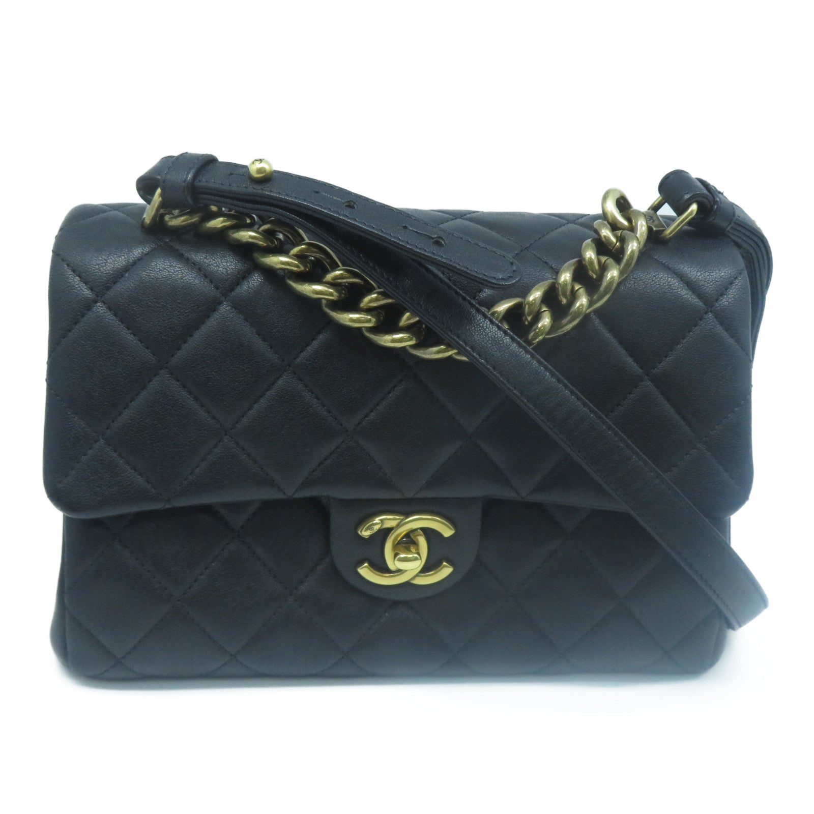 CHANEL 菱格牛皮皮革Shoulder Bag金扣手挽肩背兩用袋黑色
