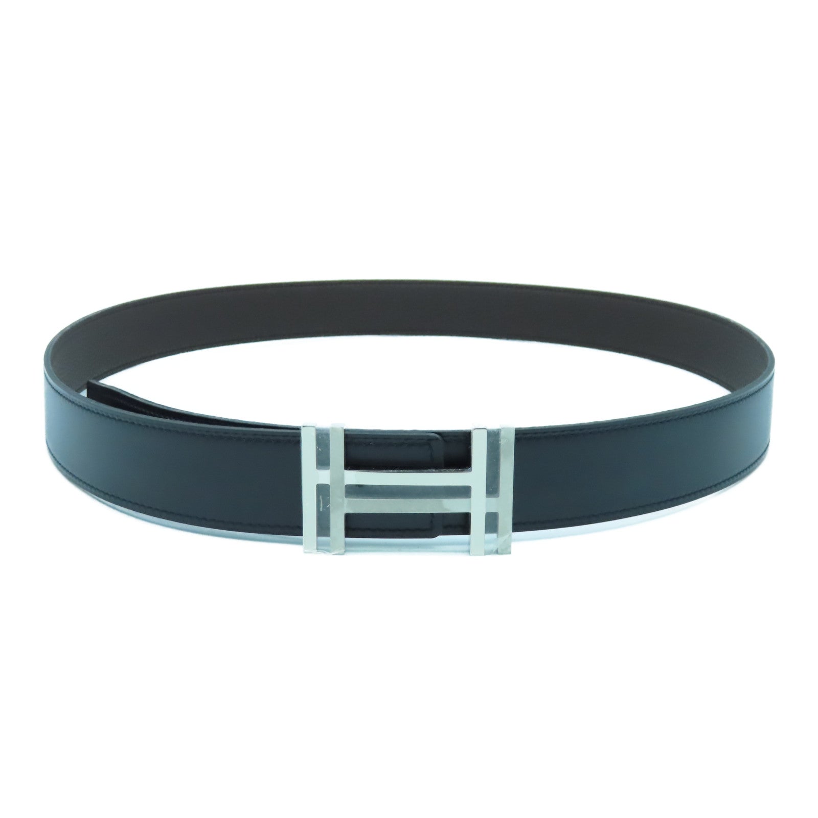 HERMES Box Calf皮革/Clemence皮革H Belt 100cm銀扣皮帶黑色/啡色