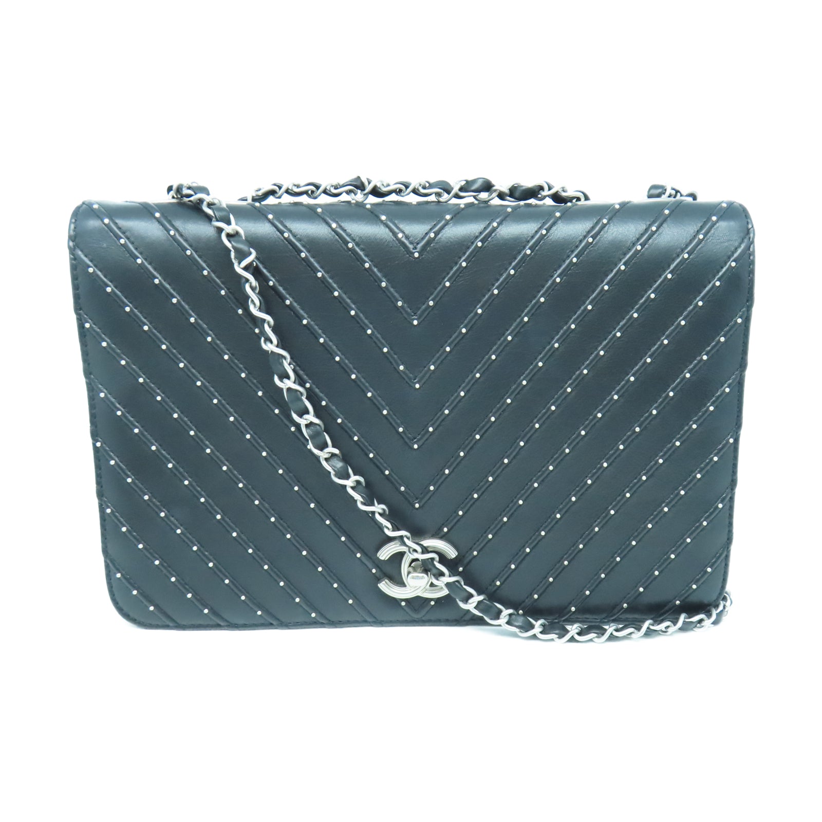 CHANEL twill cowhide leather Chain Shoulder silver buckle chain shoulder bag black