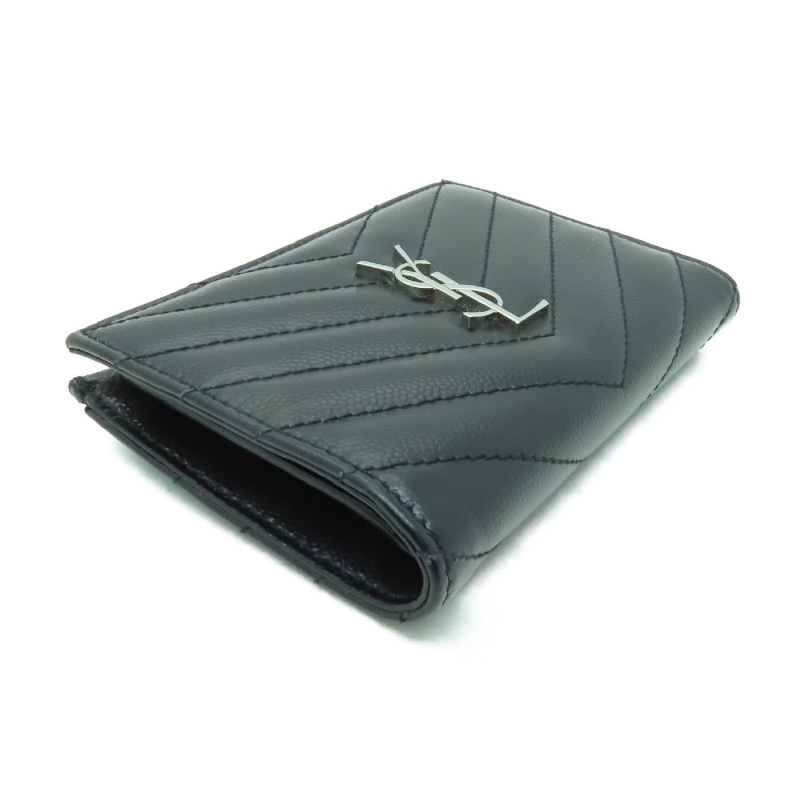 YVES SAINT LAURENT 牛皮皮革Wallet銀扣錢包黒色