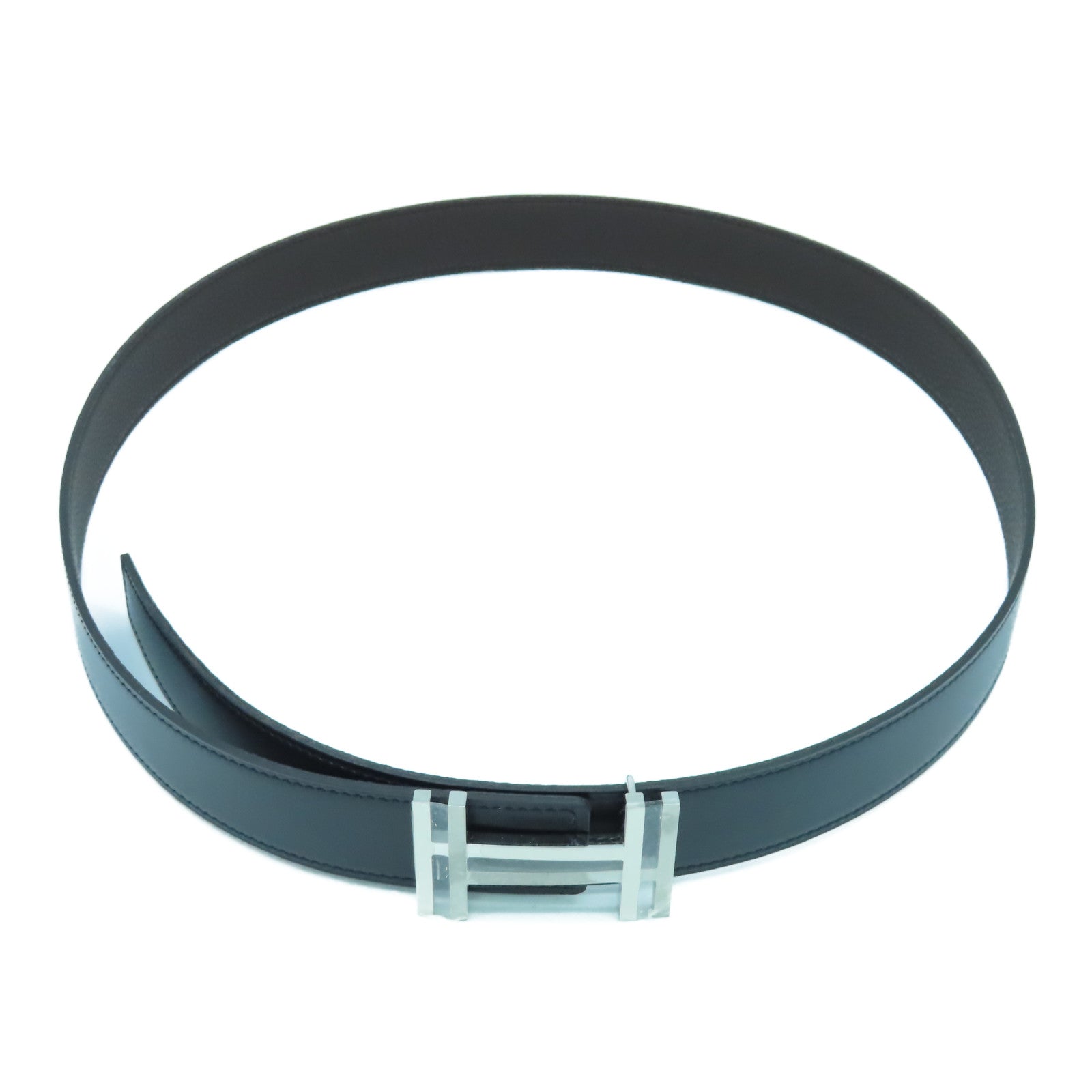 HERMES Box Calf皮革/Clemence皮革H Belt 100cm銀扣皮帶黑色/啡色