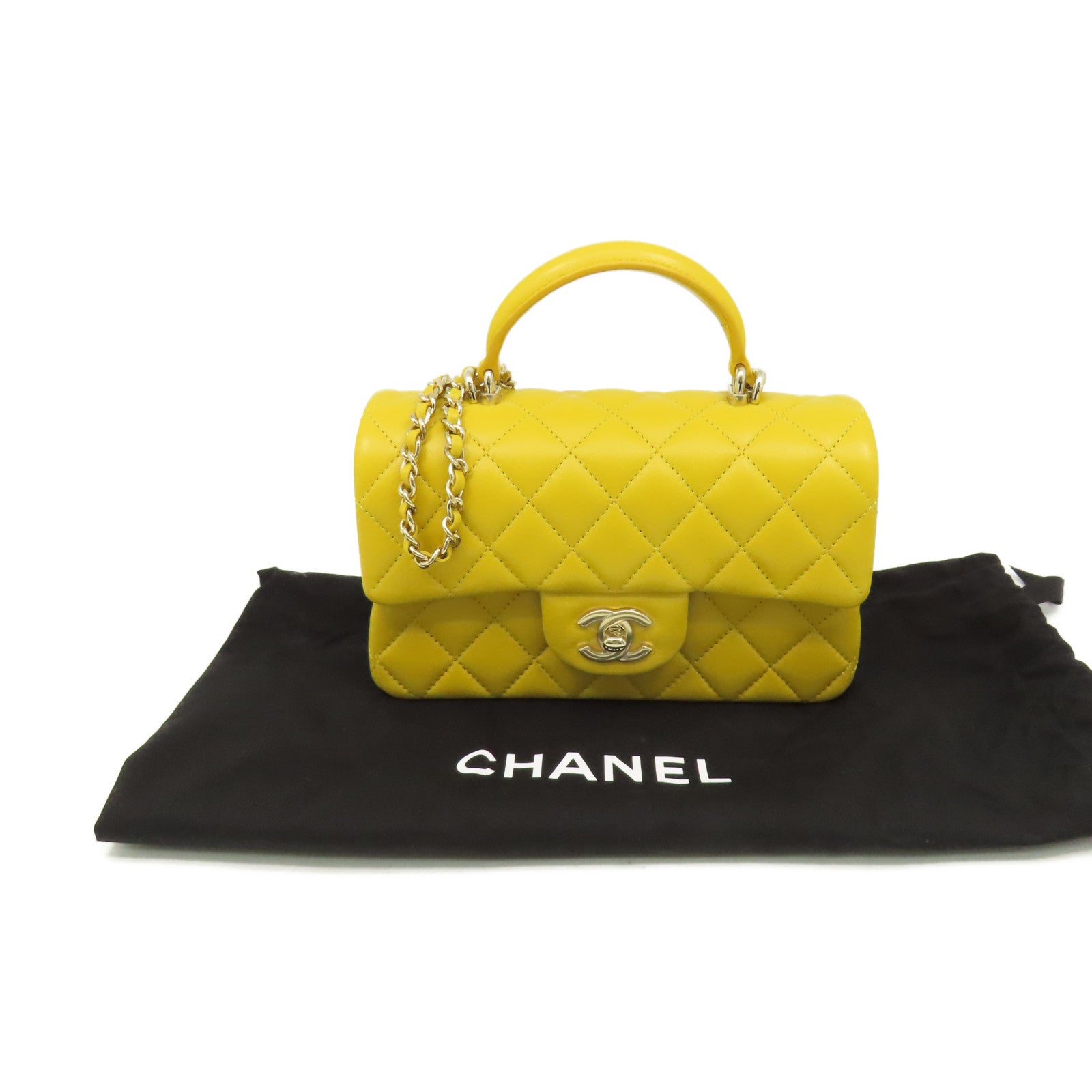 CHANEL 菱格羊皮皮革Flap Bag With Handle Shoulder Bag金扣鏈帶手挽肩背兩用袋黃色