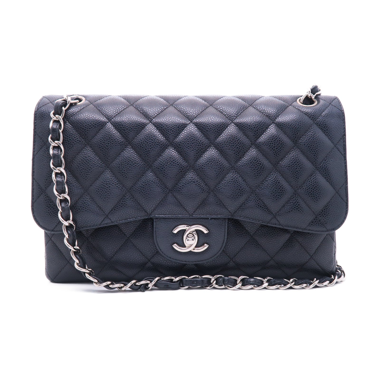 CHANEL 【激減優惠】菱格Caviar皮革Classic Jumbo銀扣鏈帶肩背袋黑色