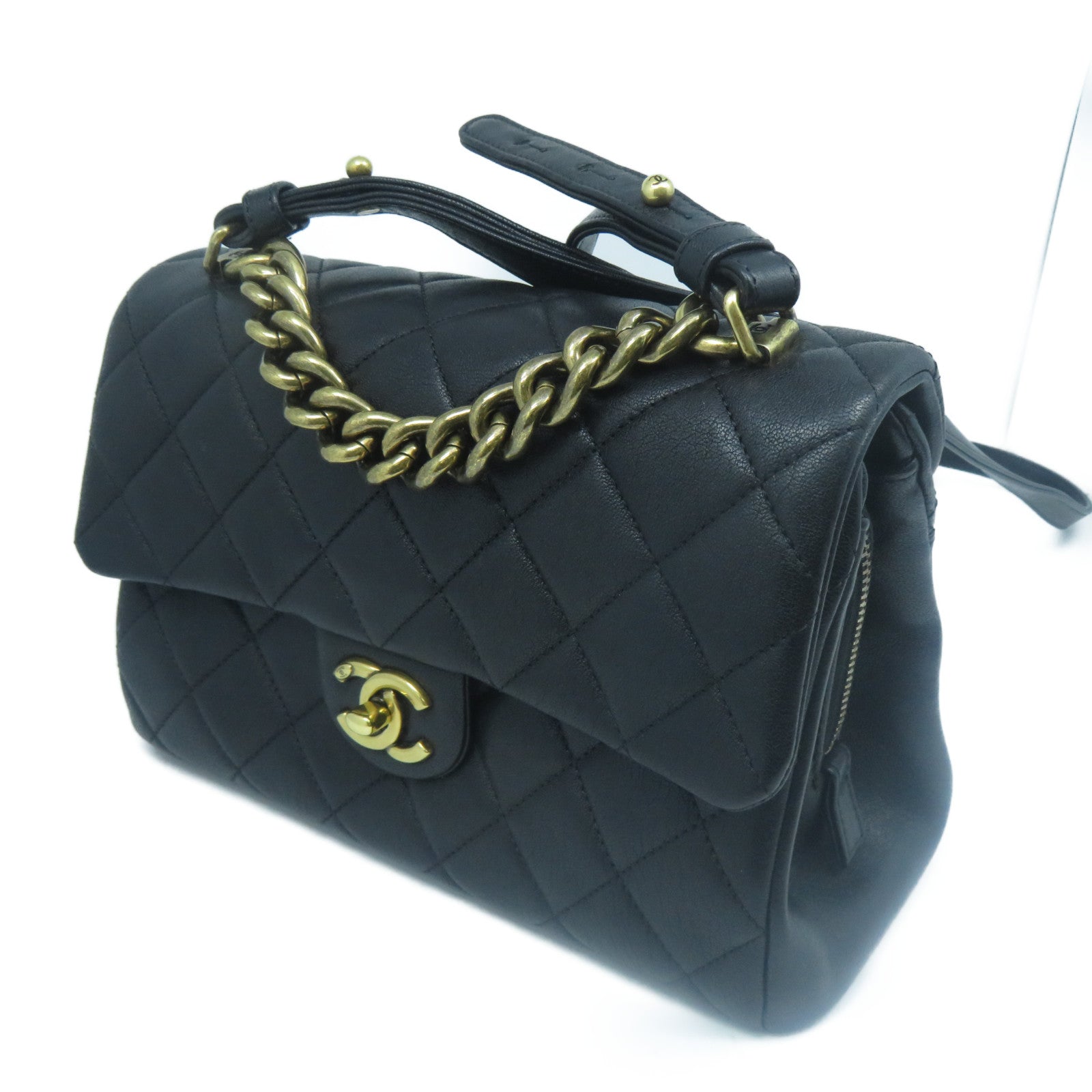 CHANEL 菱格牛皮皮革Shoulder Bag金扣手挽肩背兩用袋黑色