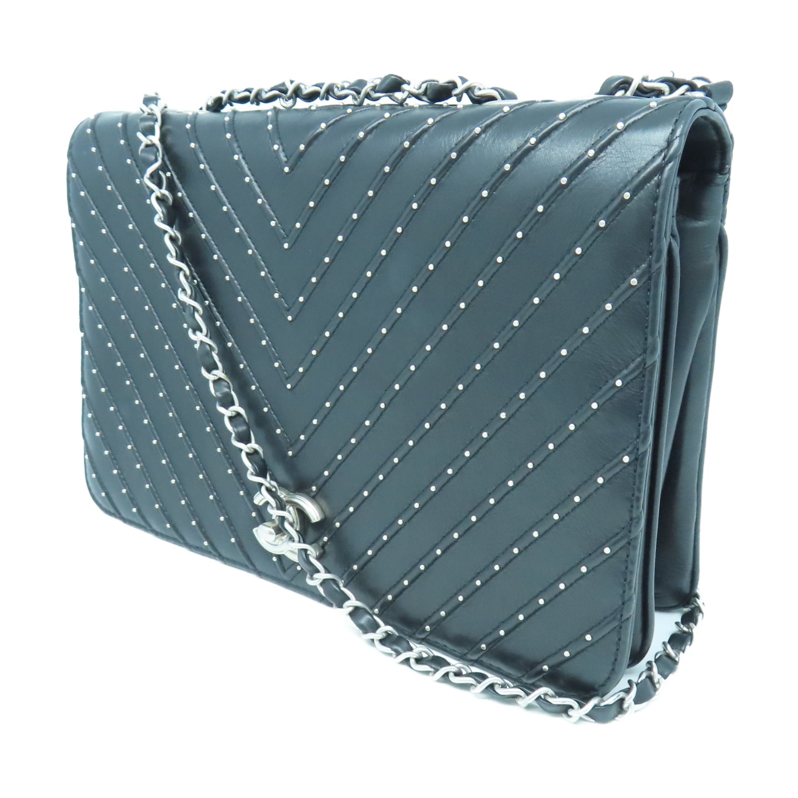 CHANEL twill cowhide leather Chain Shoulder silver buckle chain shoulder bag black