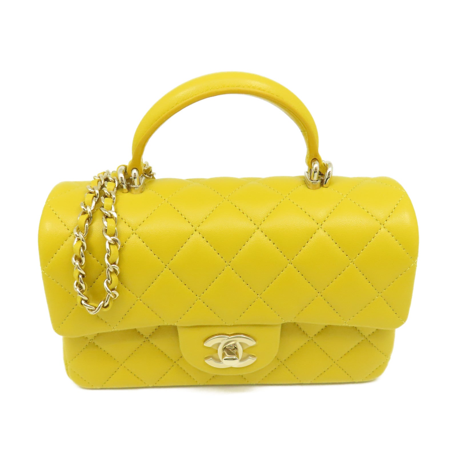 CHANEL 菱格羊皮皮革Flap Bag With Handle Shoulder Bag金扣鏈帶手挽肩背兩用袋黃色