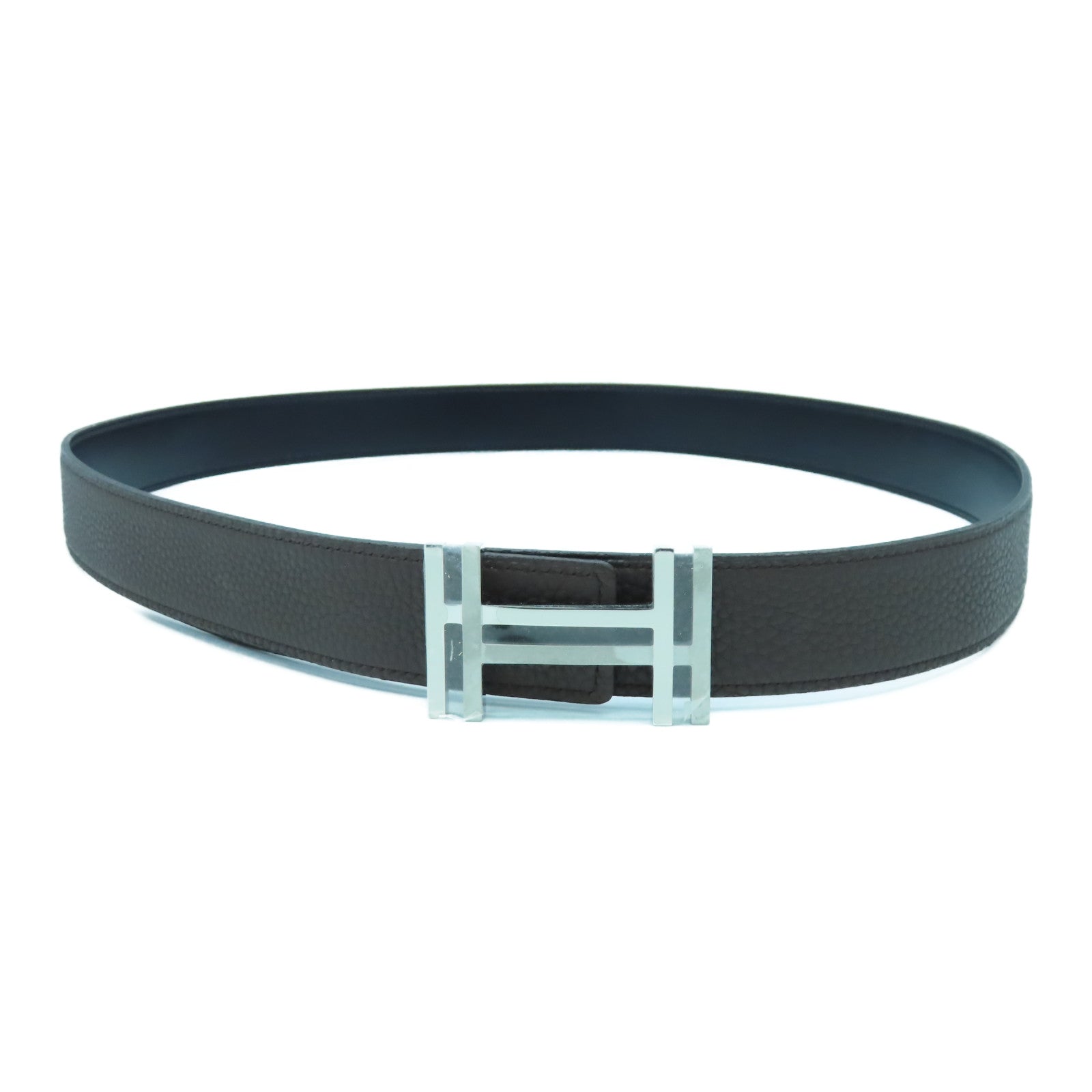 HERMES Box Calf皮革/Clemence皮革H Belt 100cm銀扣皮帶黑色/啡色