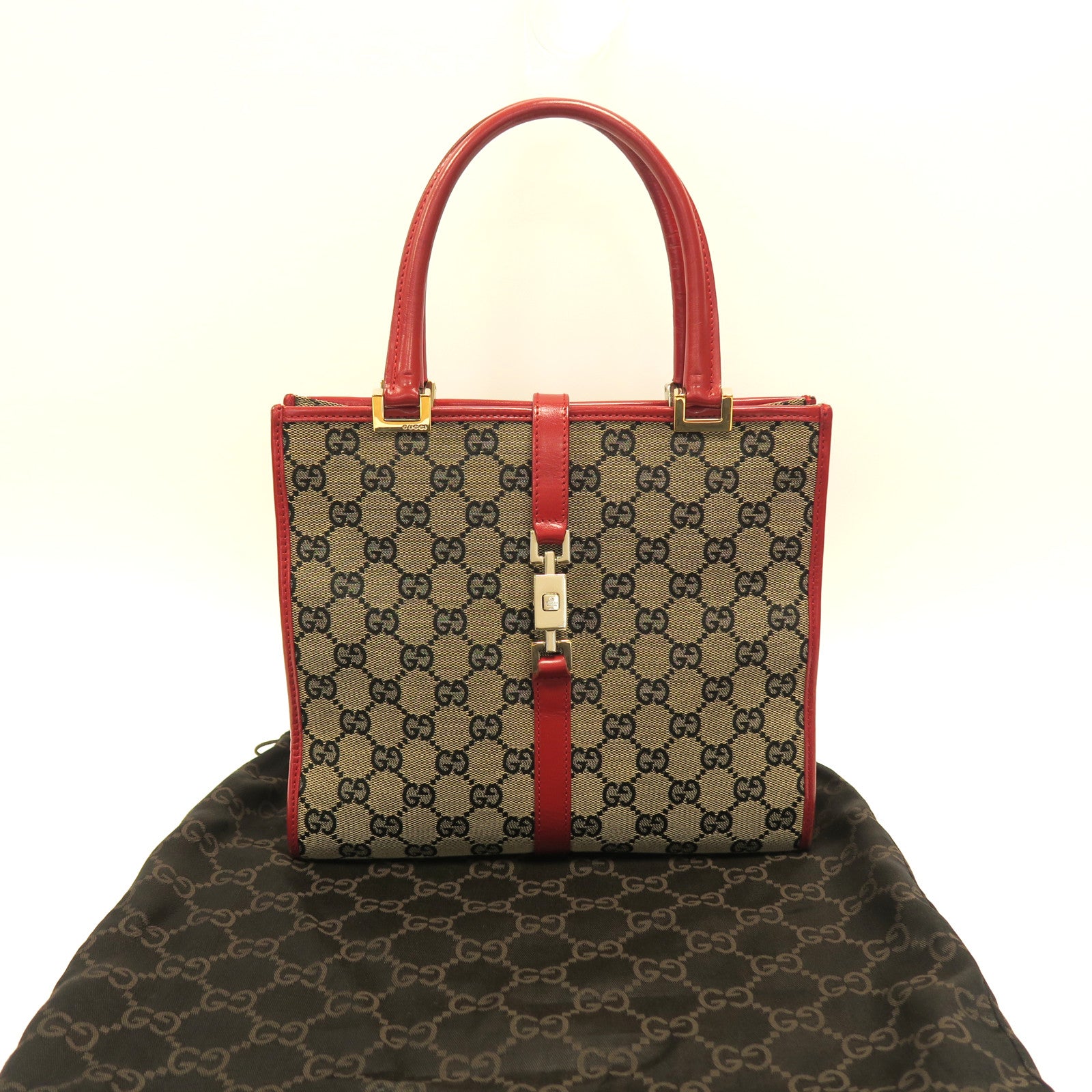 GUCCI 帆布Jackie Handbag金扣手挽袋啡色/紅色