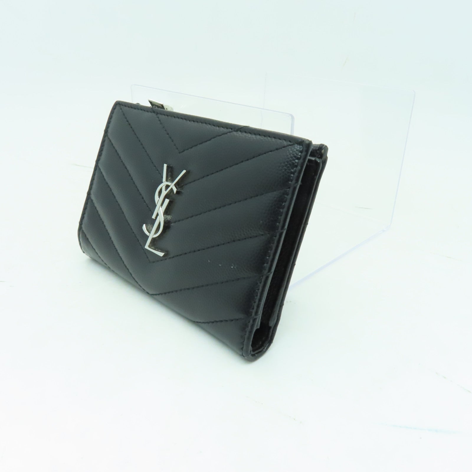 YVES SAINT LAURENT 牛皮皮革Wallet銀扣錢包黒色