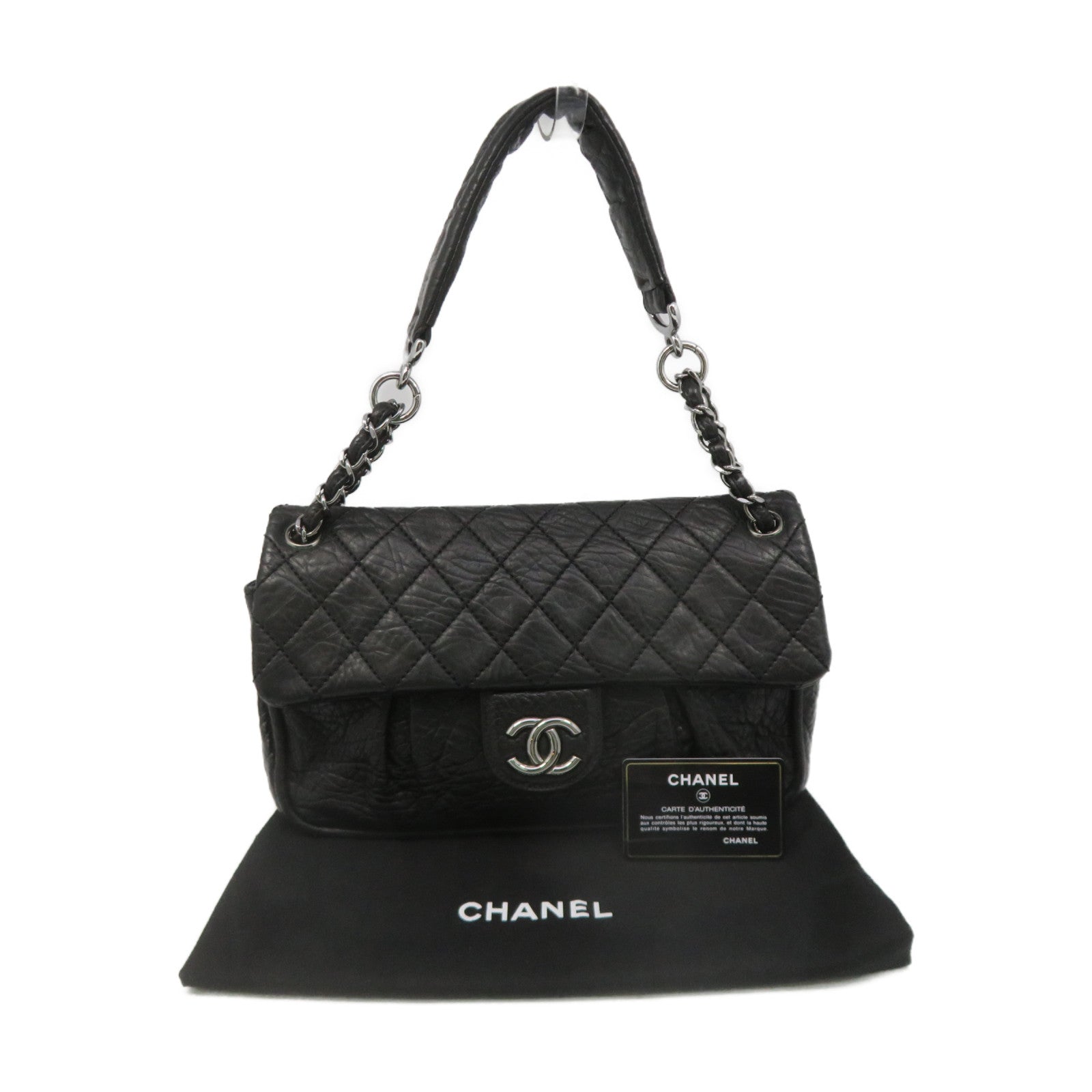 CHANEL rhombic cowhide leather Shoulder Bag silver buckle chain shoulder bag black