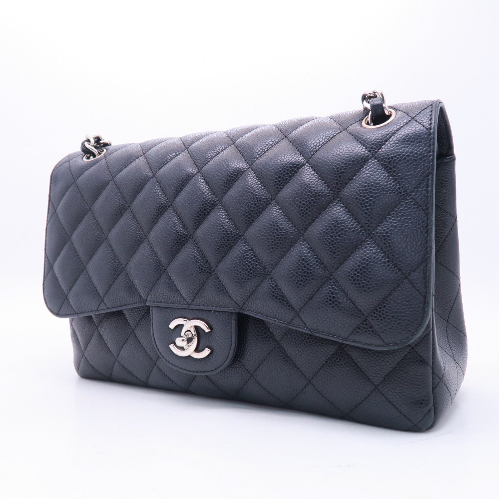 CHANEL 【激減優惠】菱格Caviar皮革Classic Jumbo銀扣鏈帶肩背袋黑色