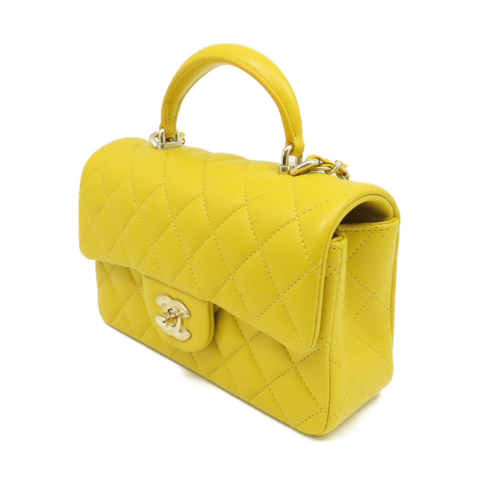 CHANEL 菱格羊皮皮革Flap Bag With Handle Shoulder Bag金扣鏈帶手挽肩背兩用袋黃色
