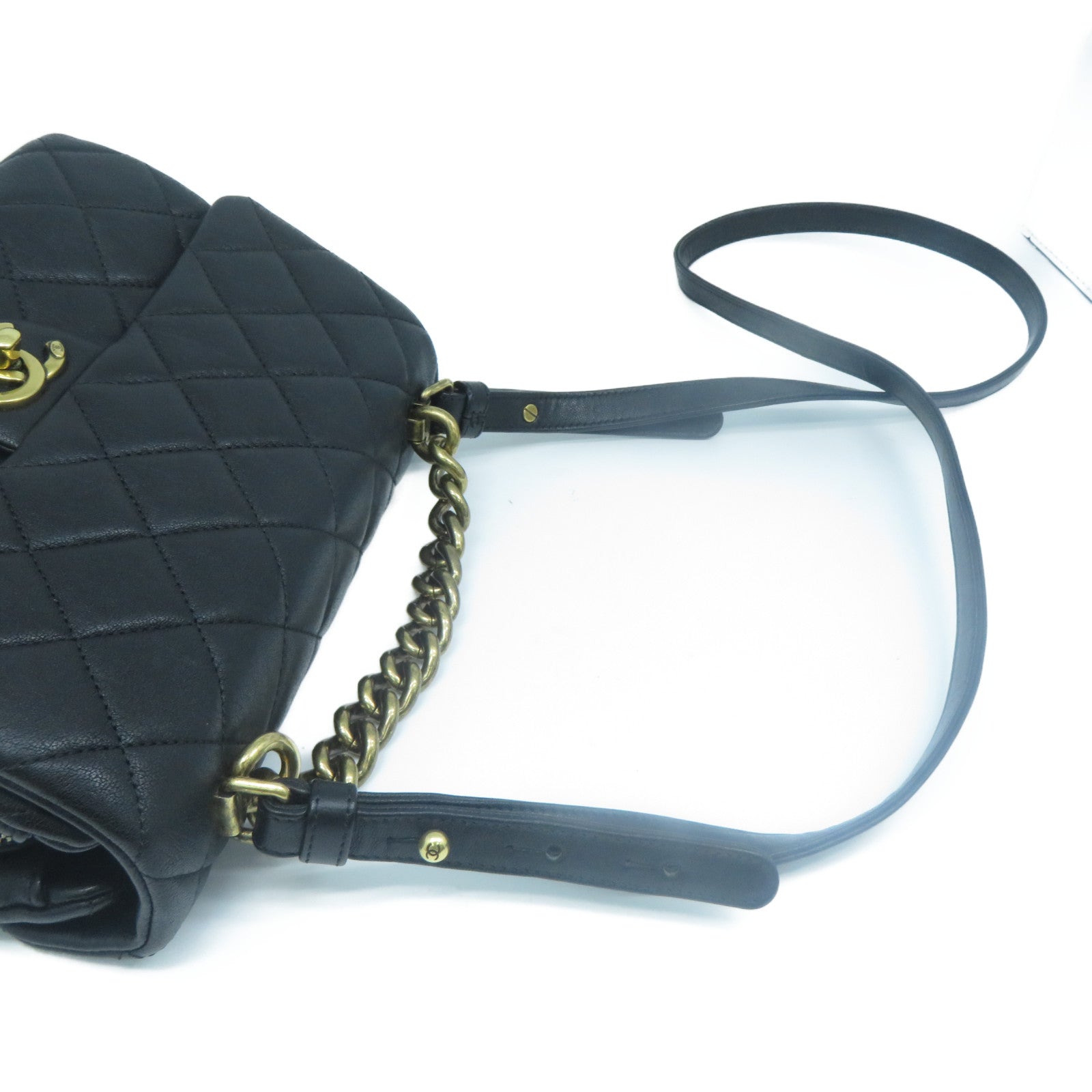 CHANEL 菱格牛皮皮革Shoulder Bag金扣手挽肩背兩用袋黑色