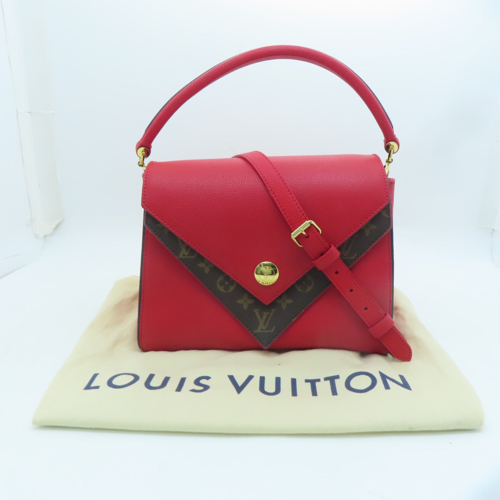LOUIS VUITTON Monogram/Craft Leather Double V Satchel Gold Buckle Handle Shoulder Bag Red/Brown