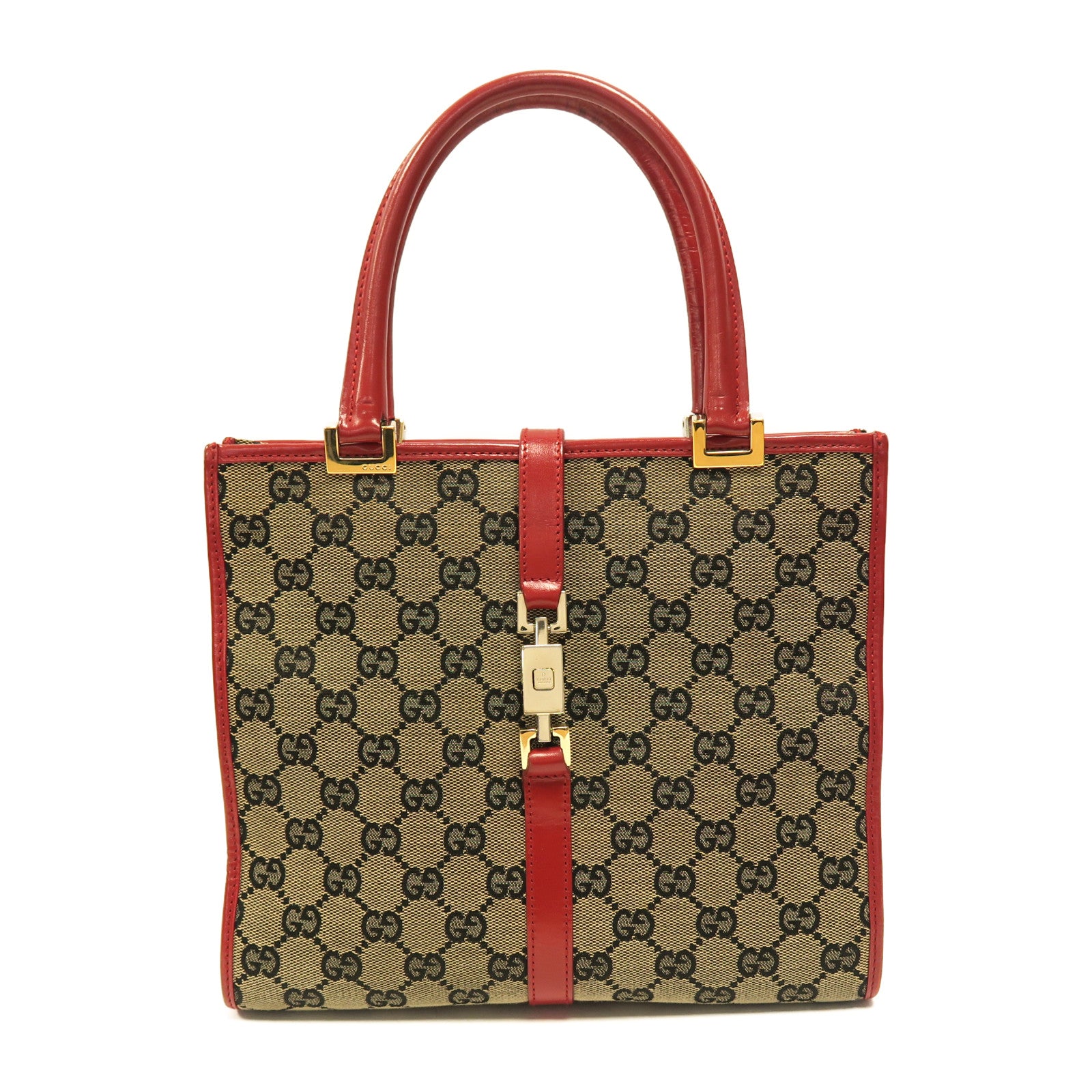 GUCCI 帆布Jackie Handbag金扣手挽袋啡色/紅色