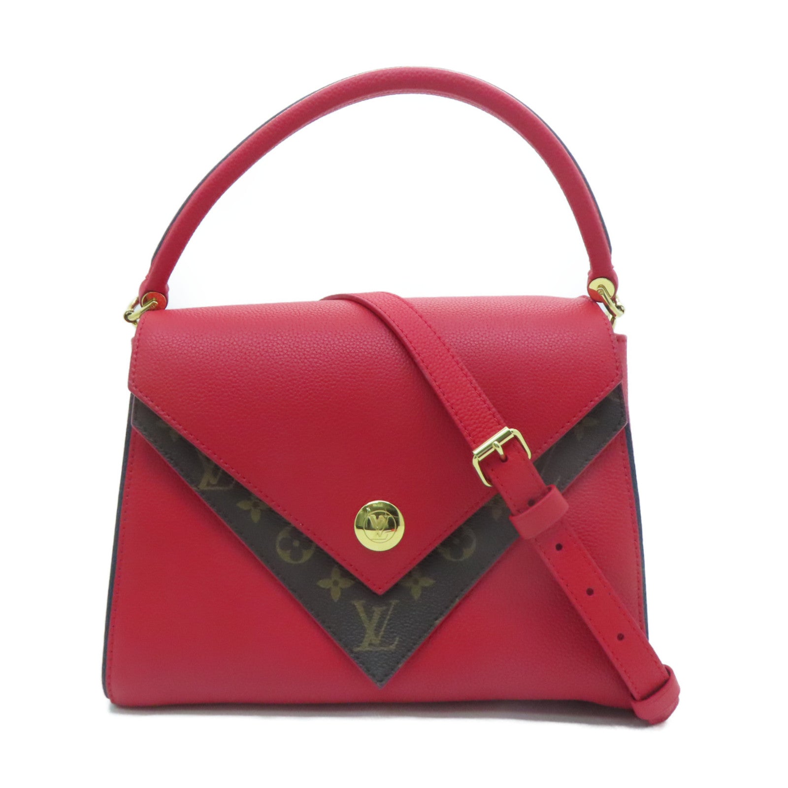 LOUIS VUITTON Monogram/Craft Leather Double V Satchel Gold Buckle Handle Shoulder Bag Red/Brown