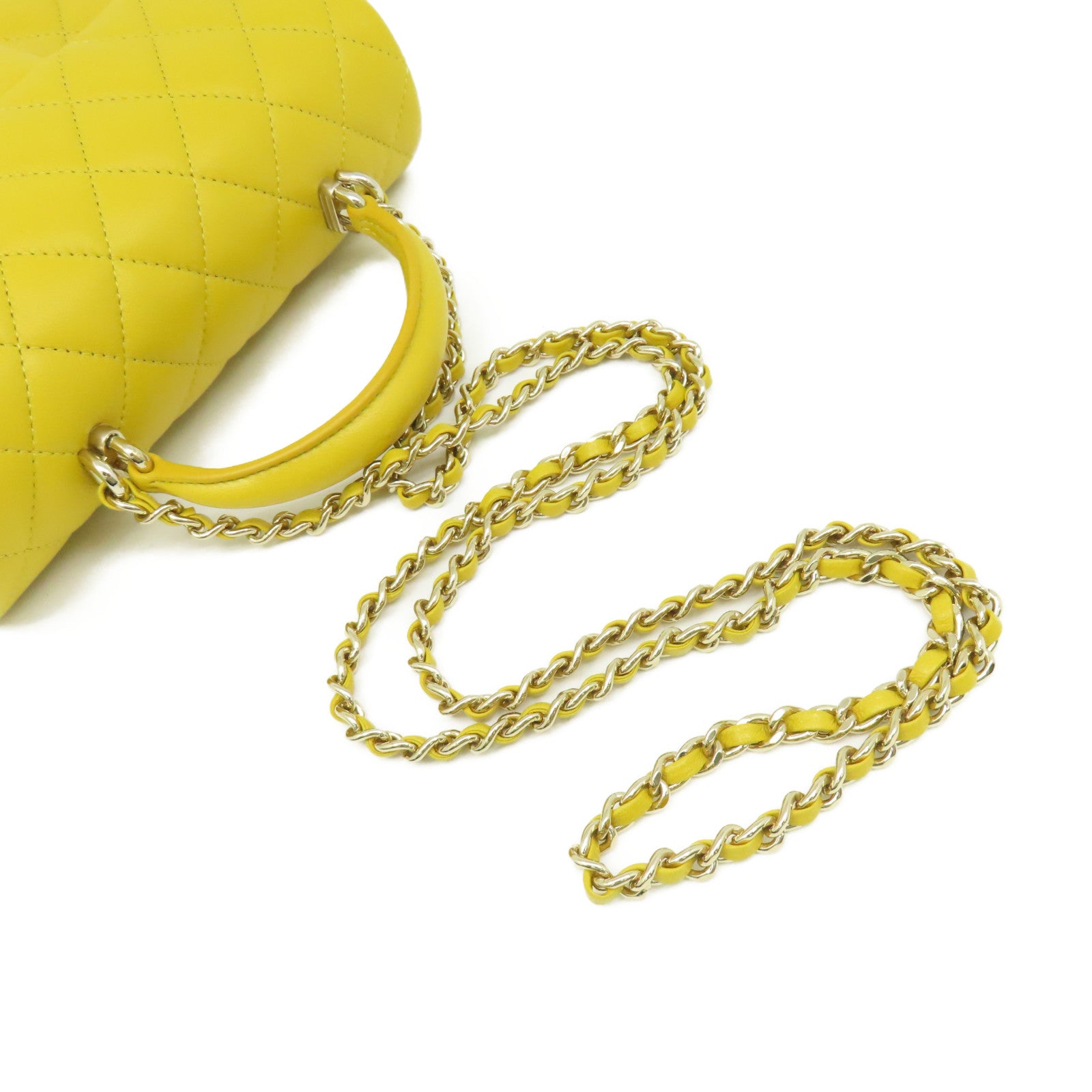 CHANEL 菱格羊皮皮革Flap Bag With Handle Shoulder Bag金扣鏈帶手挽肩背兩用袋黃色