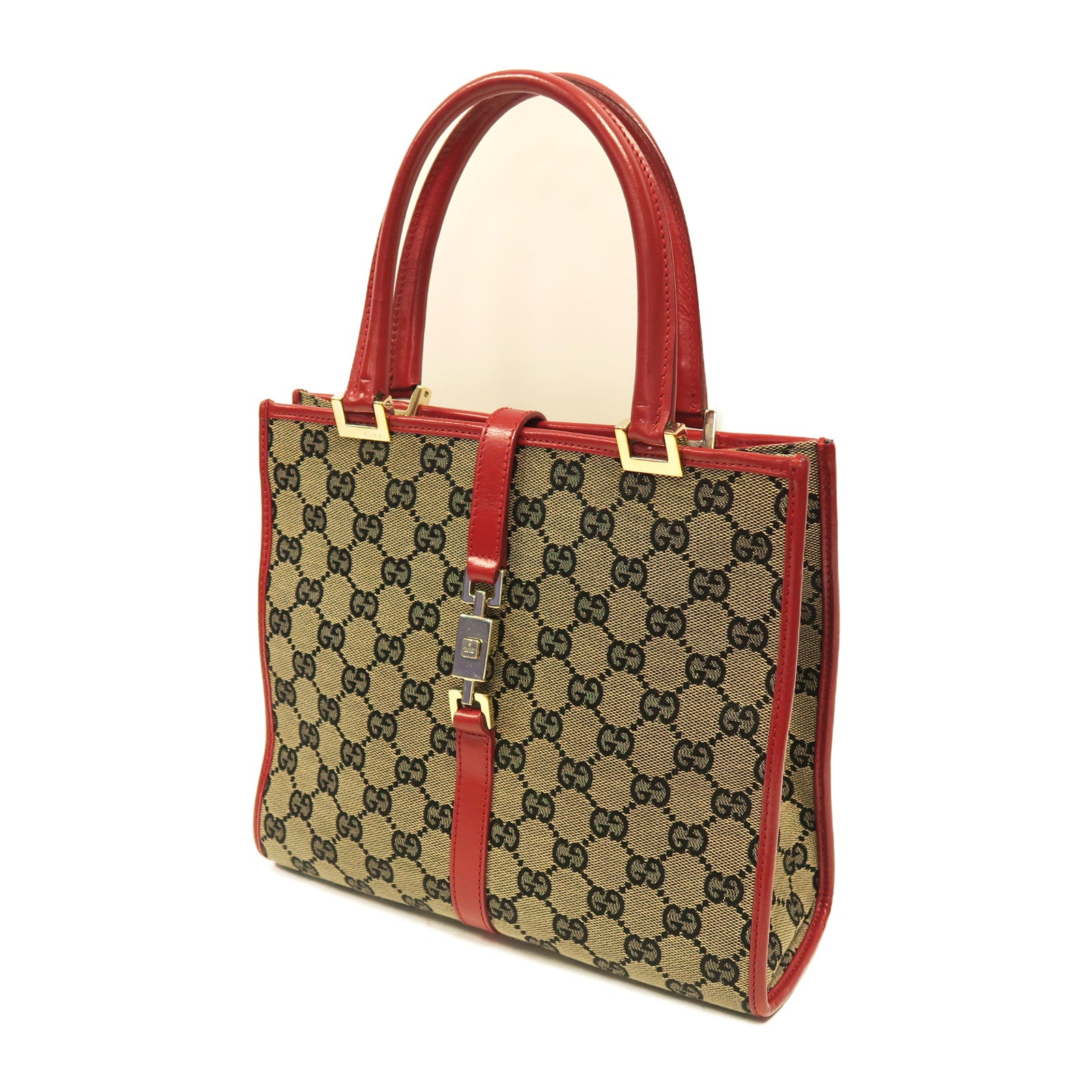 GUCCI 帆布Jackie Handbag金扣手挽袋啡色/紅色