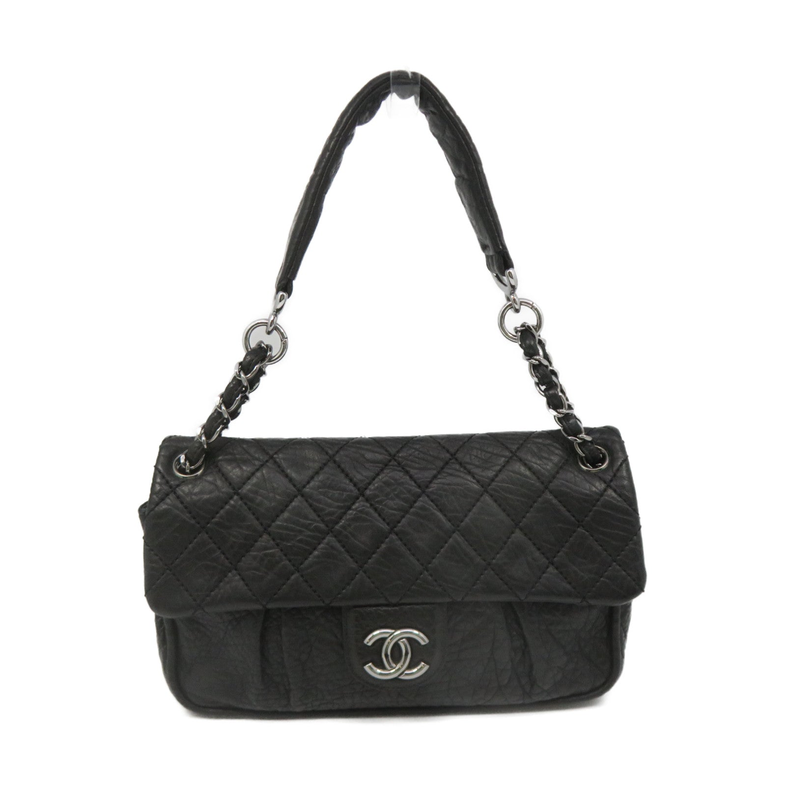 CHANEL rhombic cowhide leather Shoulder Bag silver buckle chain shoulder bag black