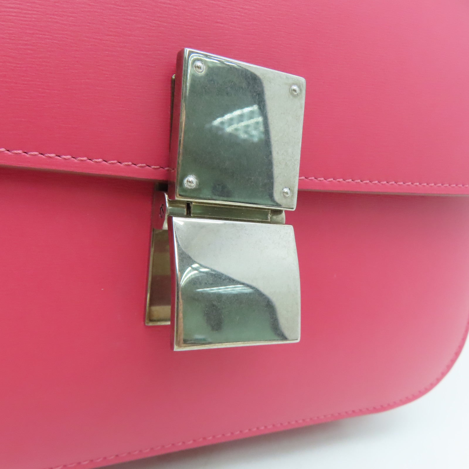 CELINE Cowhide Leather Box Silver Buckle Shoulder Bag Pink