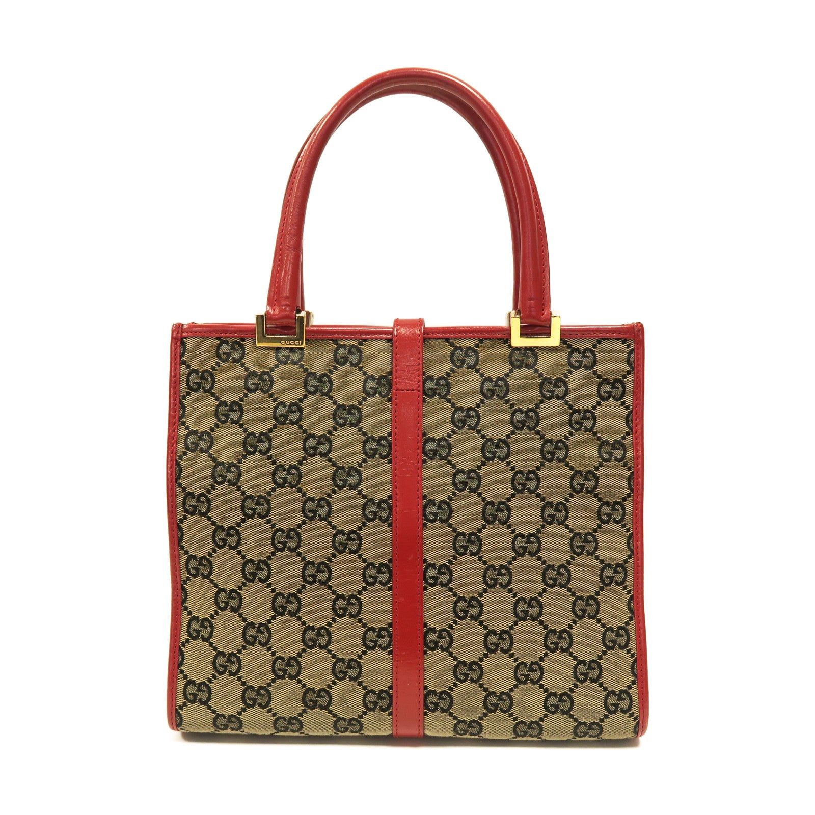 GUCCI 帆布Jackie Handbag金扣手挽袋啡色/紅色