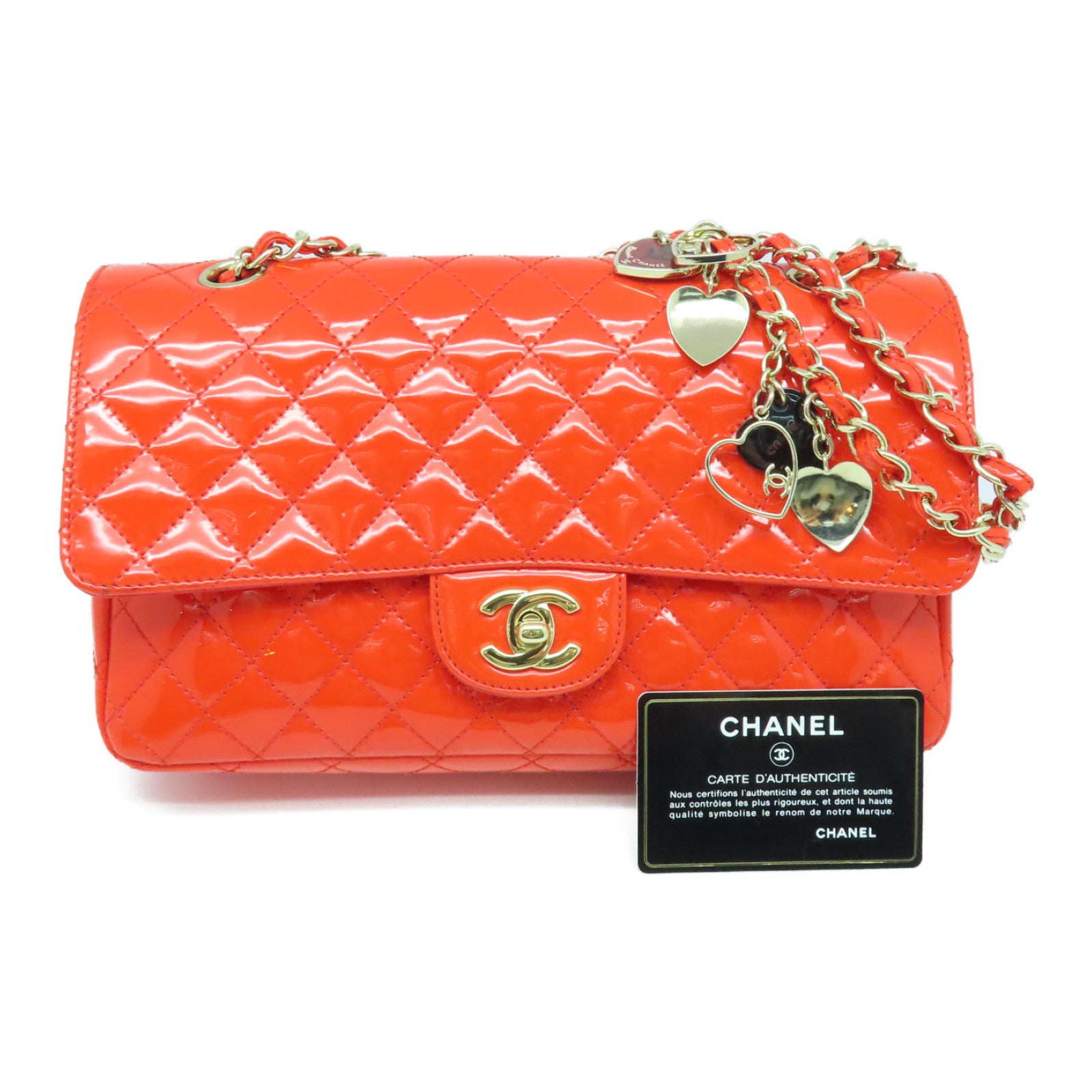 CHANEL 菱格漆皮皮革Chain Shoulder Bag金扣链带肩背袋橙色