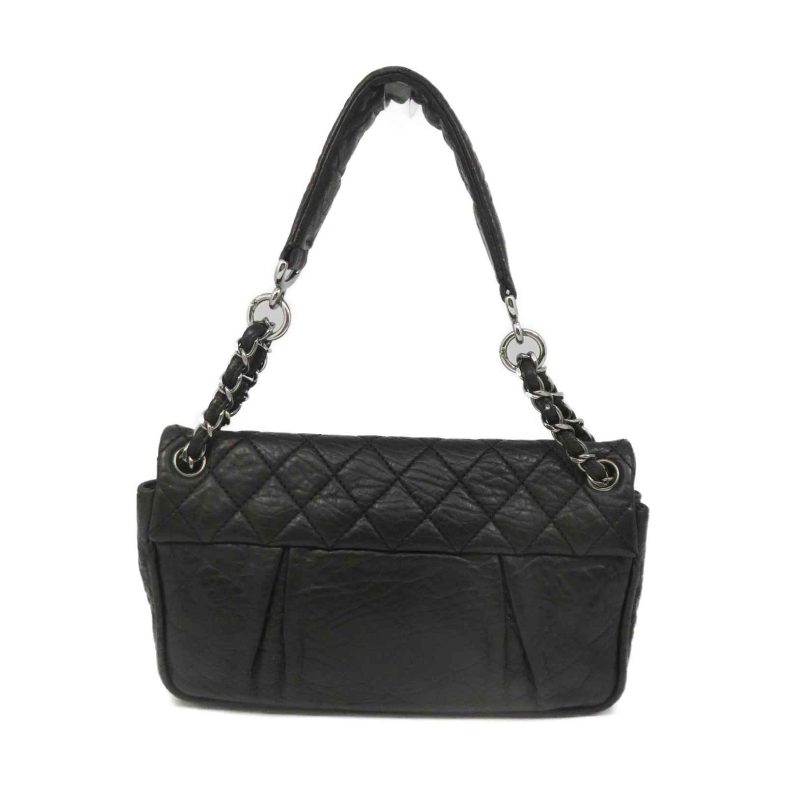 CHANEL rhombic cowhide leather Shoulder Bag silver buckle chain shoulder bag black