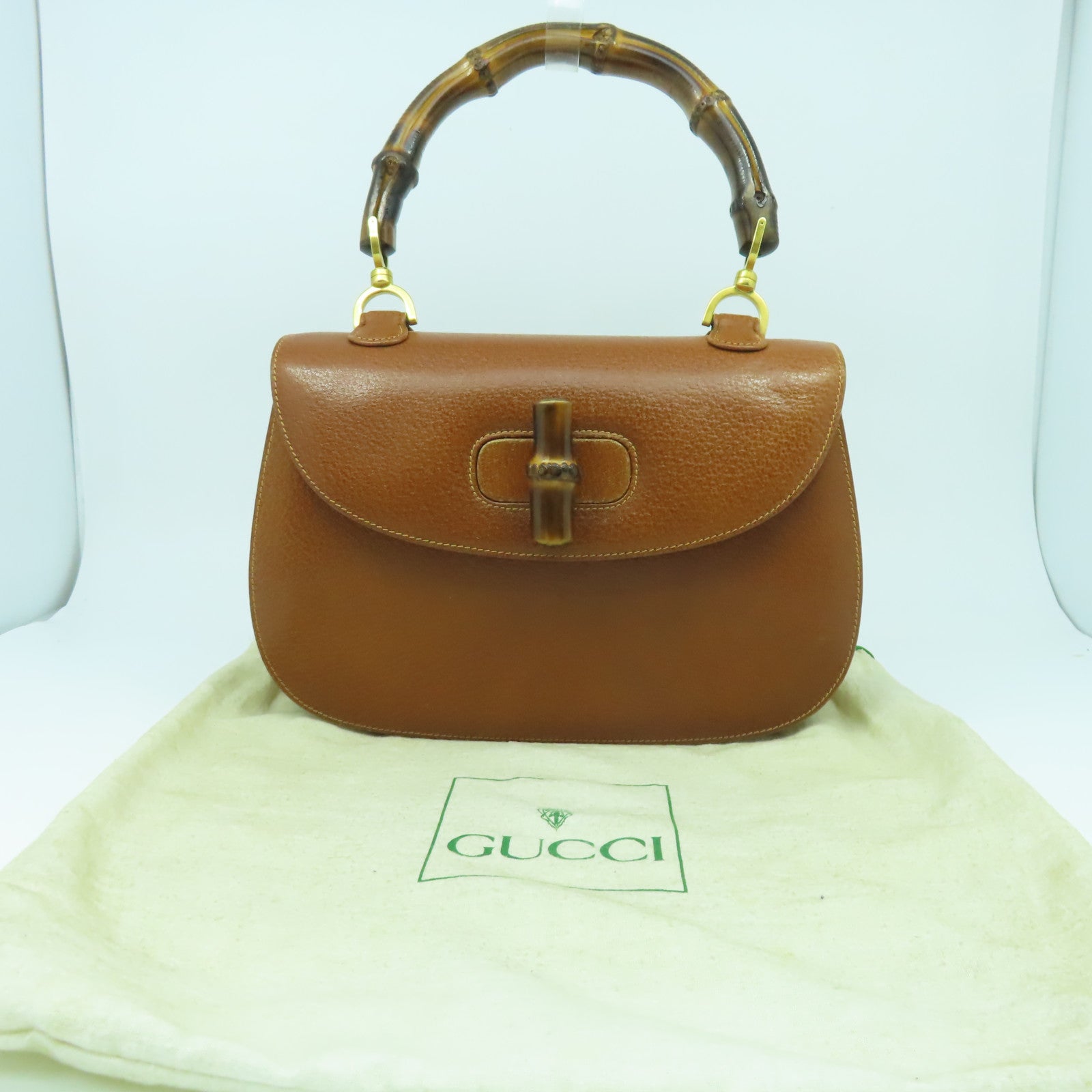 GUCCI 牛皮皮革Handbag金扣手挽袋啡色
