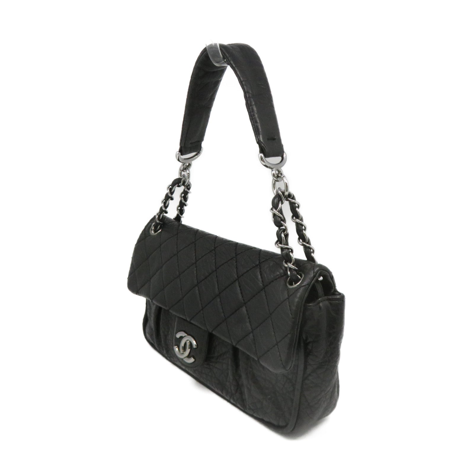 CHANEL rhombic cowhide leather Shoulder Bag silver buckle chain shoulder bag black