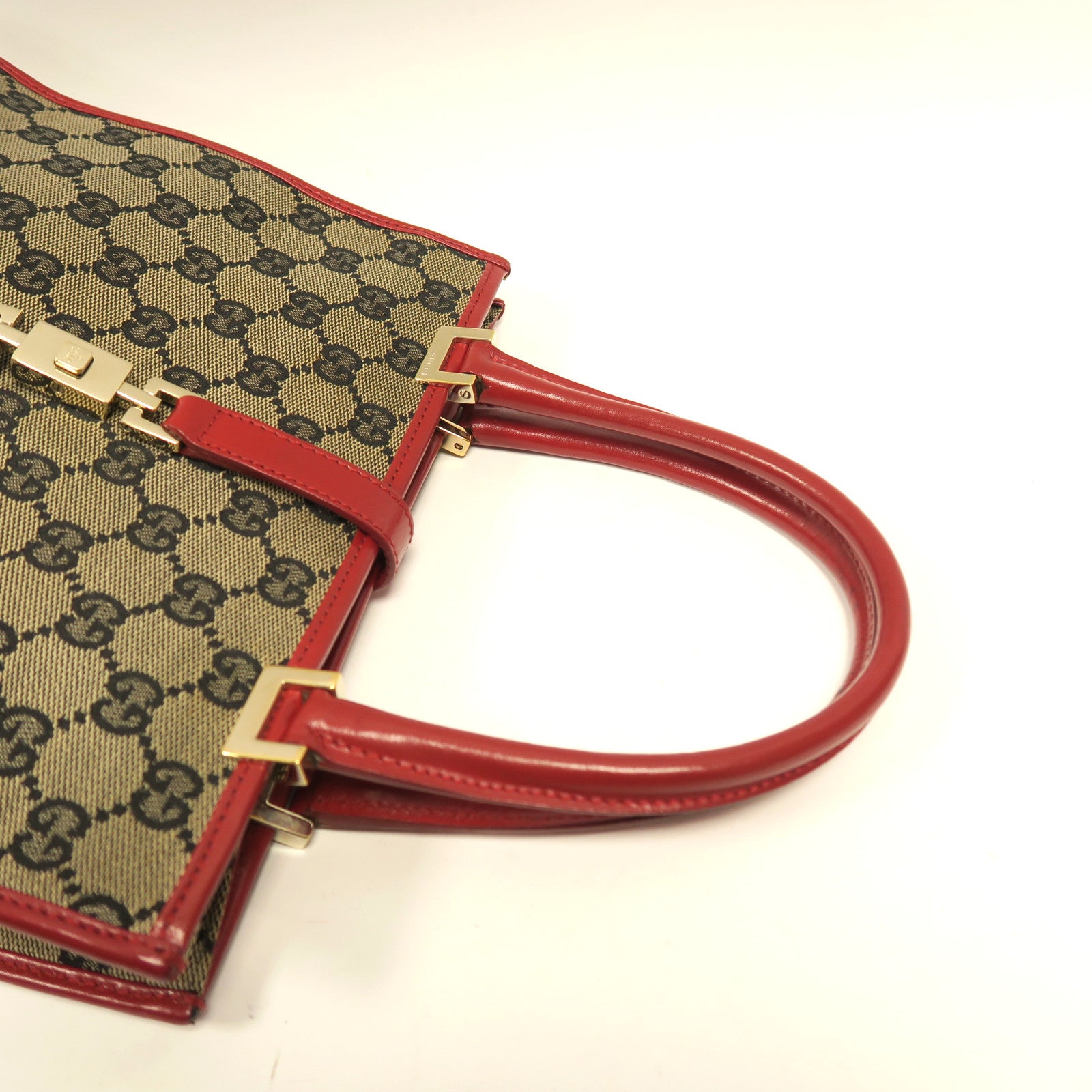 GUCCI 帆布Jackie Handbag金扣手挽袋啡色/紅色