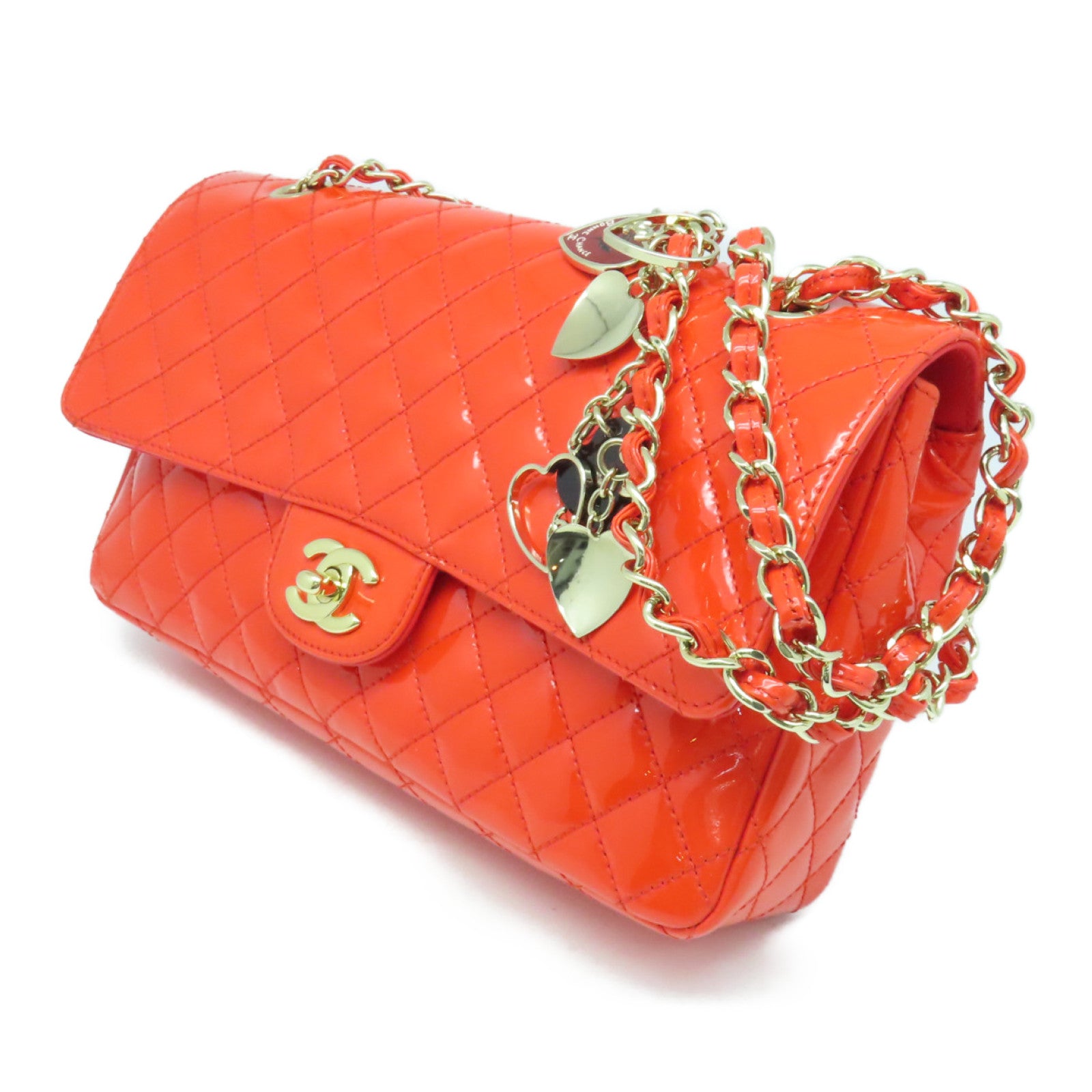 CHANEL 菱格漆皮皮革Chain Shoulder Bag金扣链带肩背袋橙色
