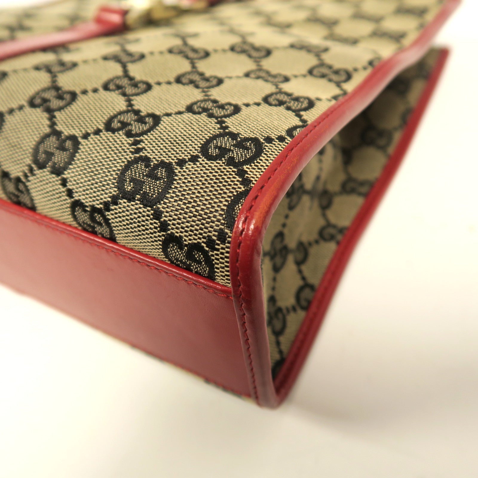 GUCCI 帆布Jackie Handbag金扣手挽袋啡色/紅色