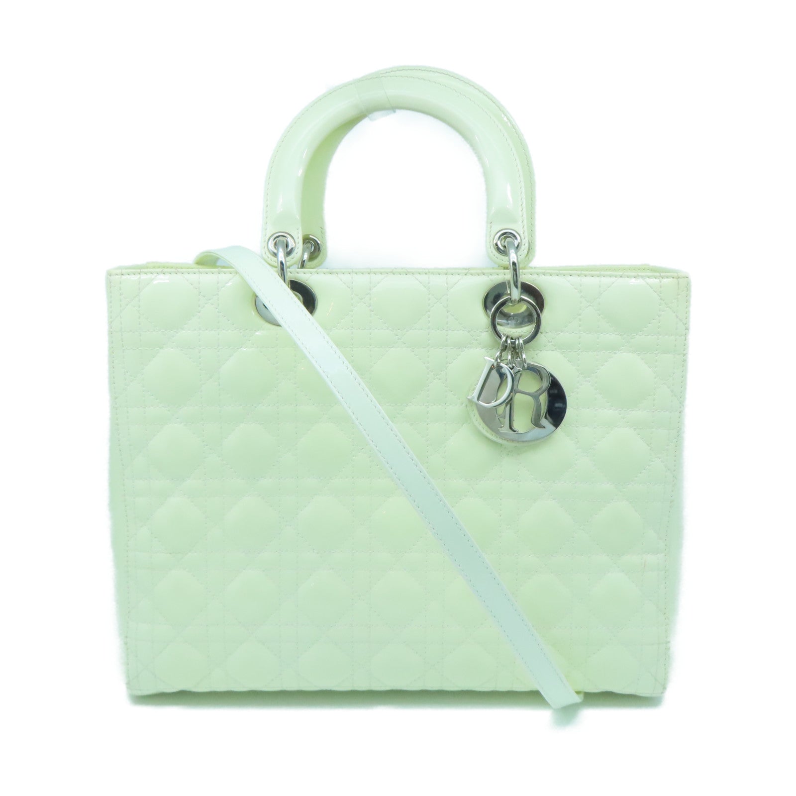 Dior Patent Leather Lady Dior Silver Buckle Handle Shoulder Bag White