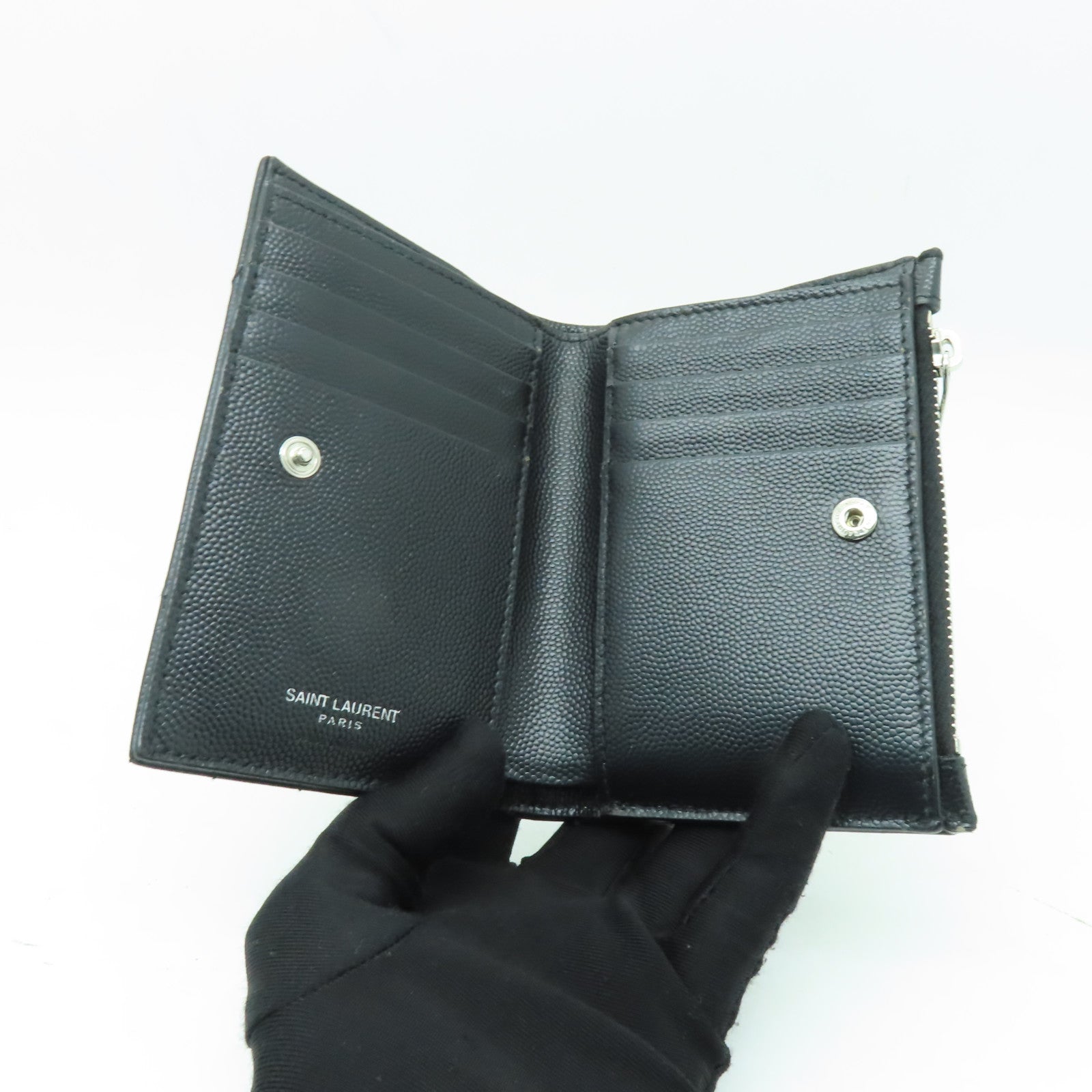 YVES SAINT LAURENT 牛皮皮革Wallet銀扣錢包黒色