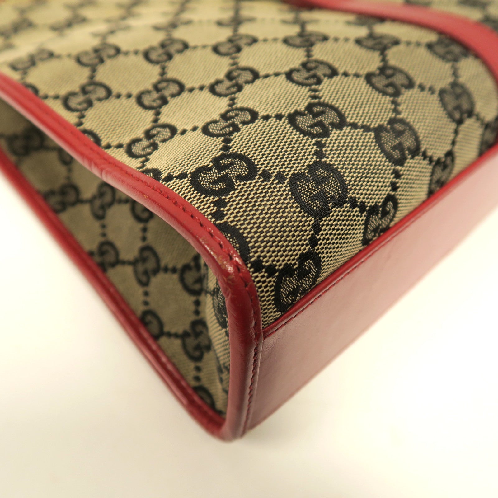 GUCCI 帆布Jackie Handbag金扣手挽袋啡色/紅色