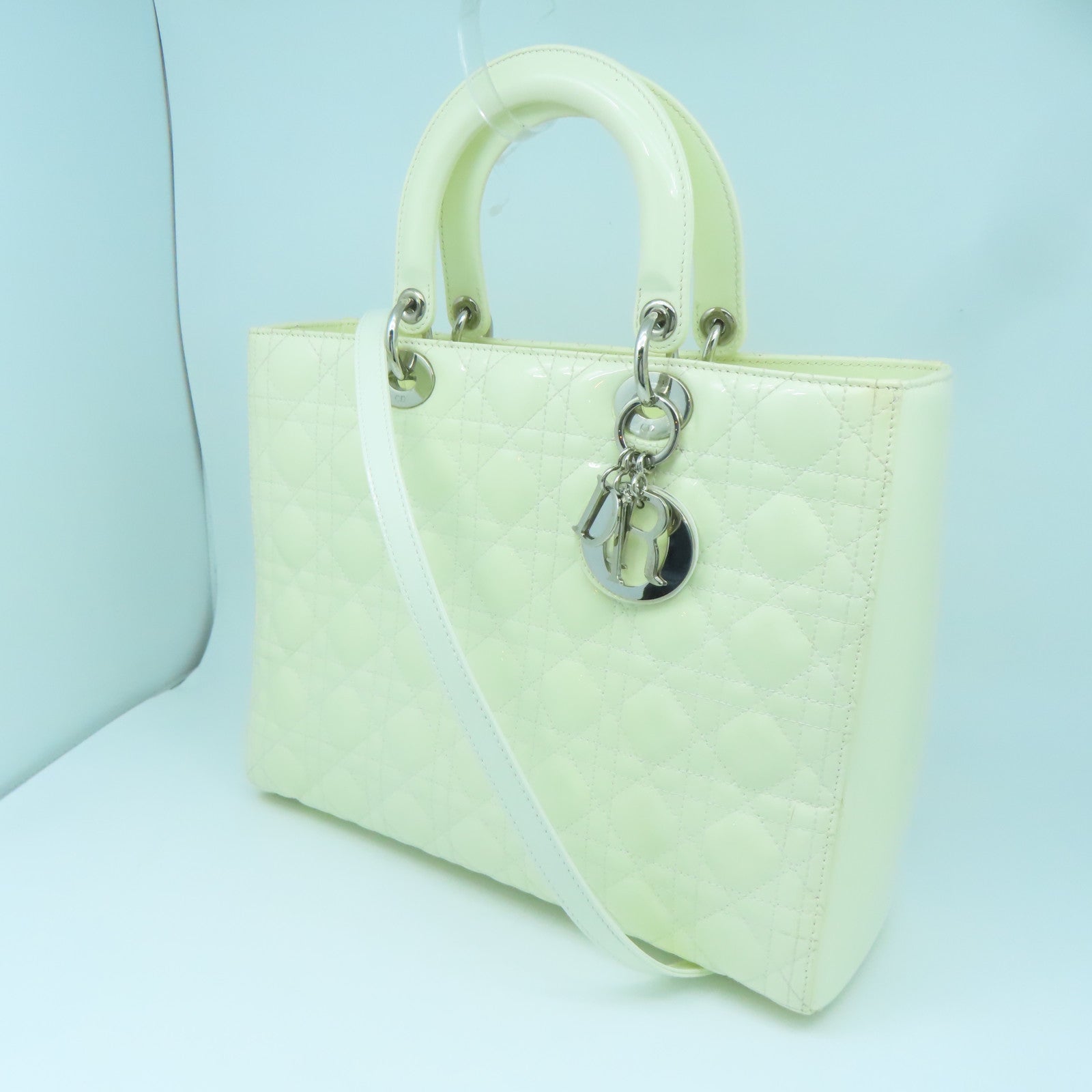 Dior Patent Leather Lady Dior Silver Buckle Handle Shoulder Bag White