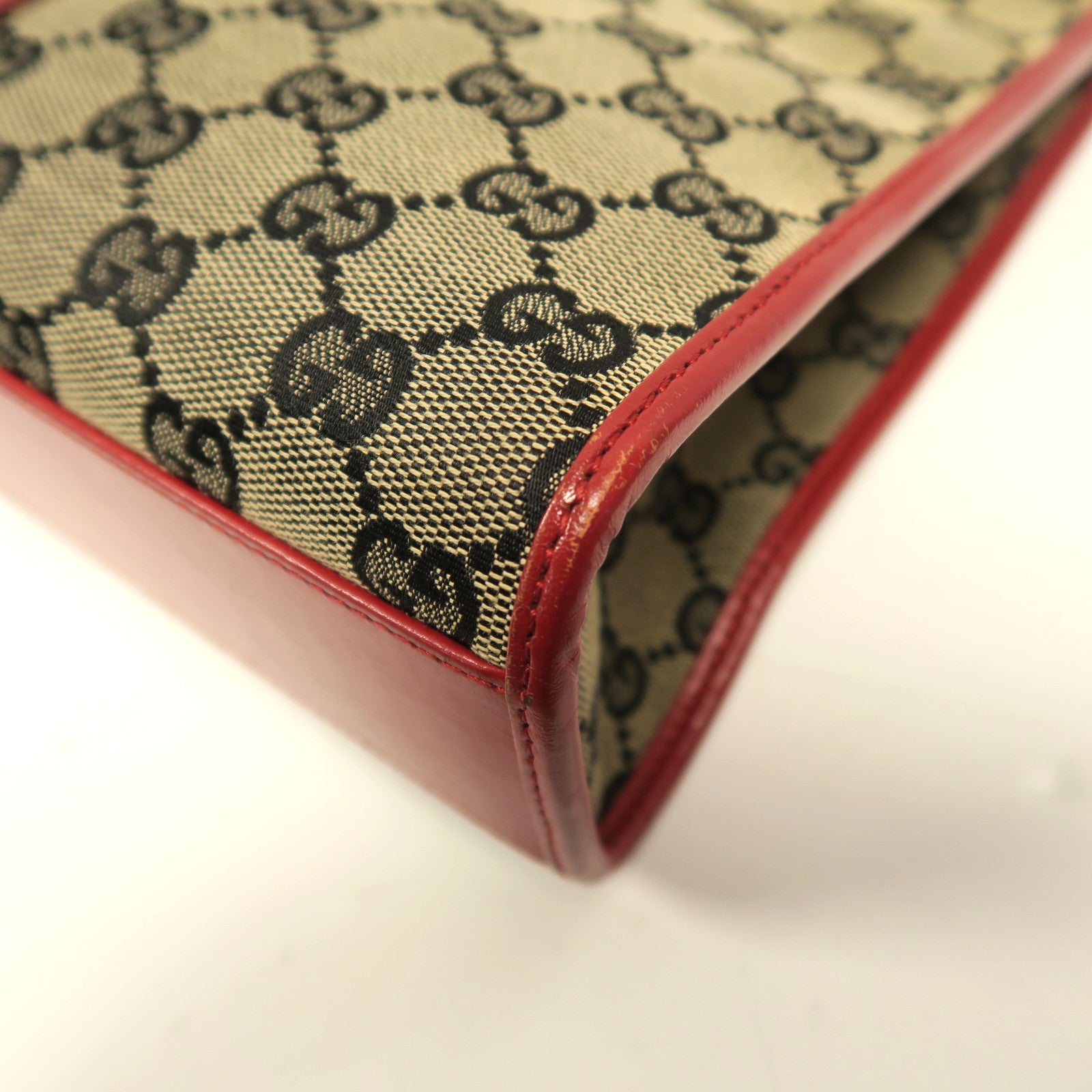 GUCCI 帆布Jackie Handbag金扣手挽袋啡色/紅色