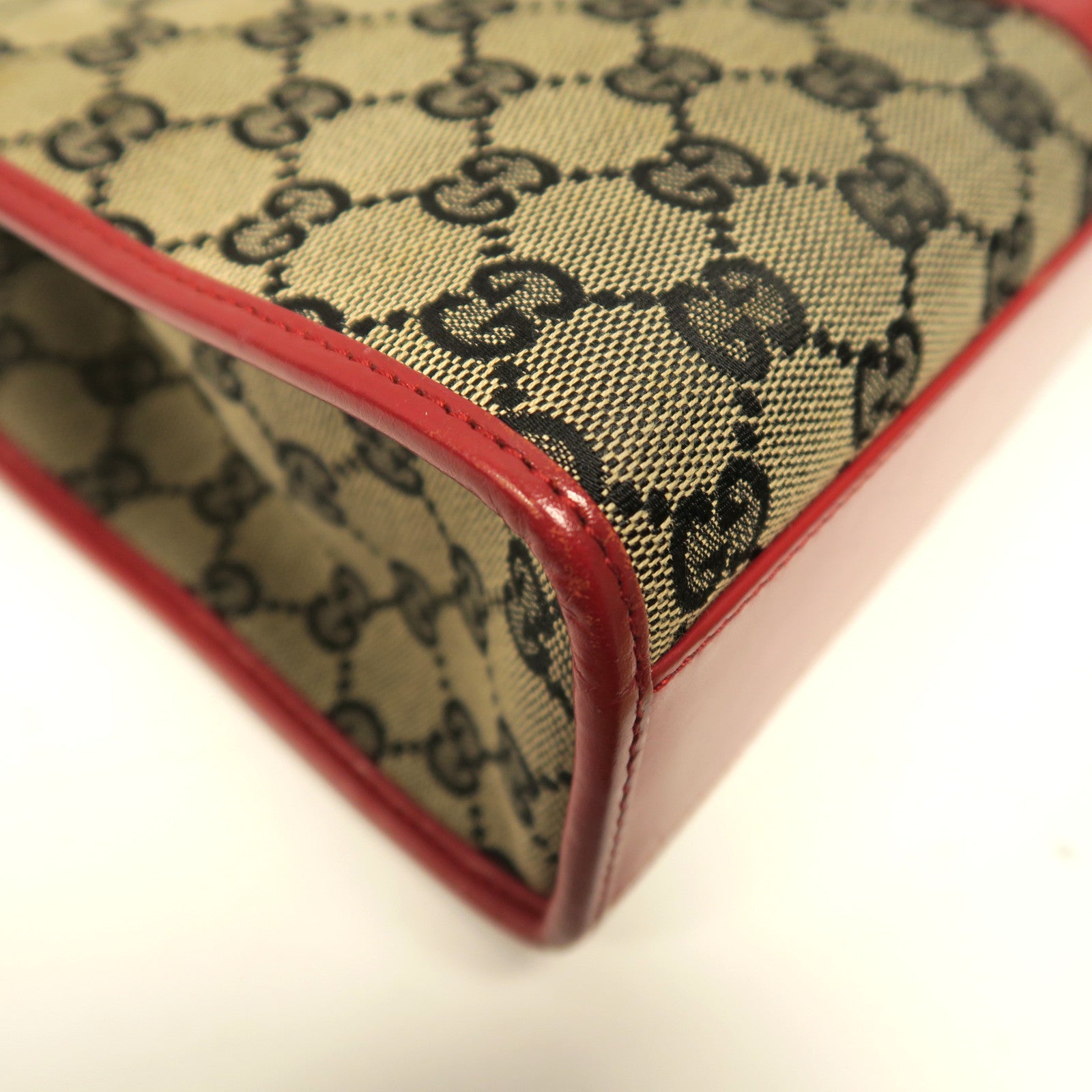 GUCCI 帆布Jackie Handbag金扣手挽袋啡色/紅色