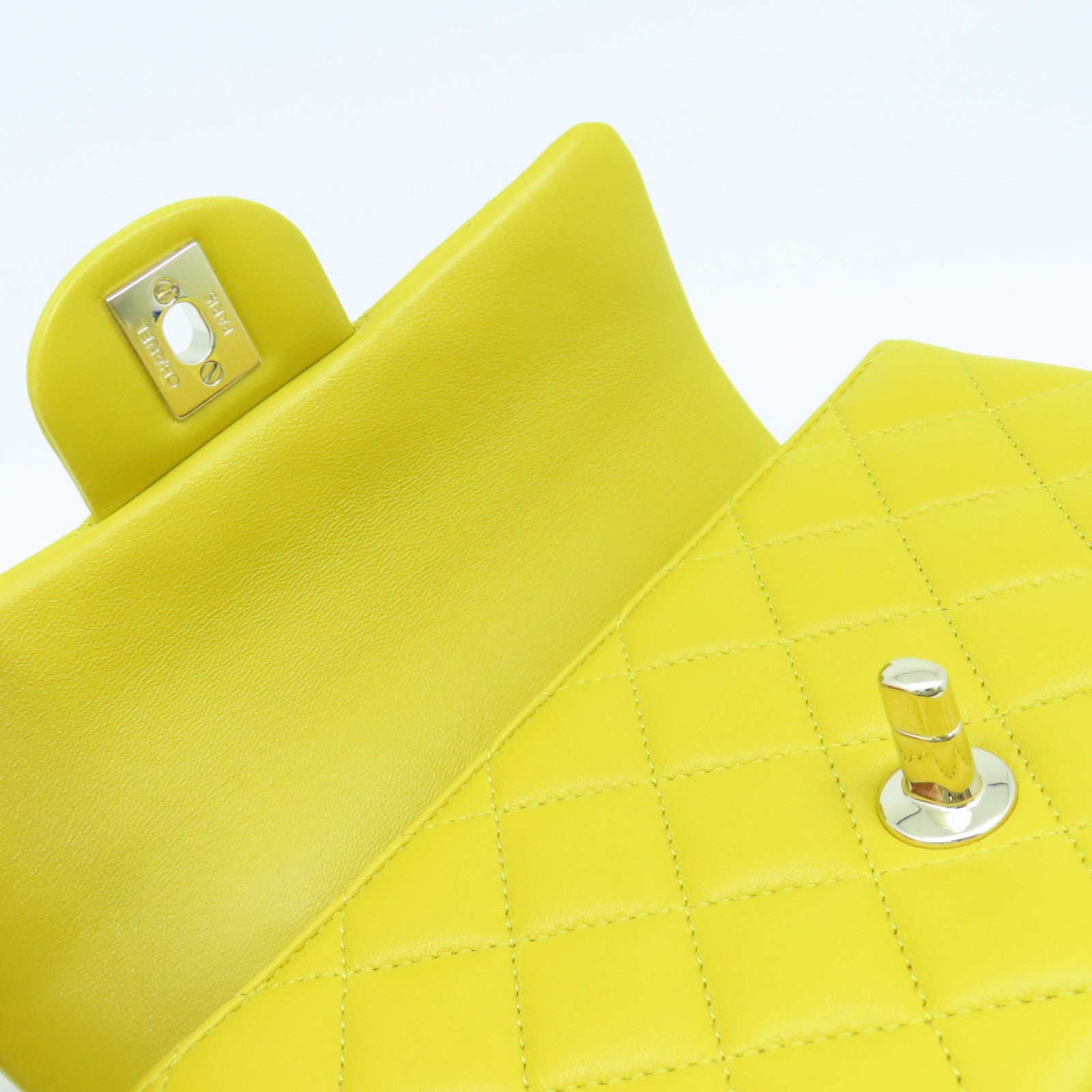 CHANEL 菱格羊皮皮革Flap Bag With Handle Shoulder Bag金扣鏈帶手挽肩背兩用袋黃色