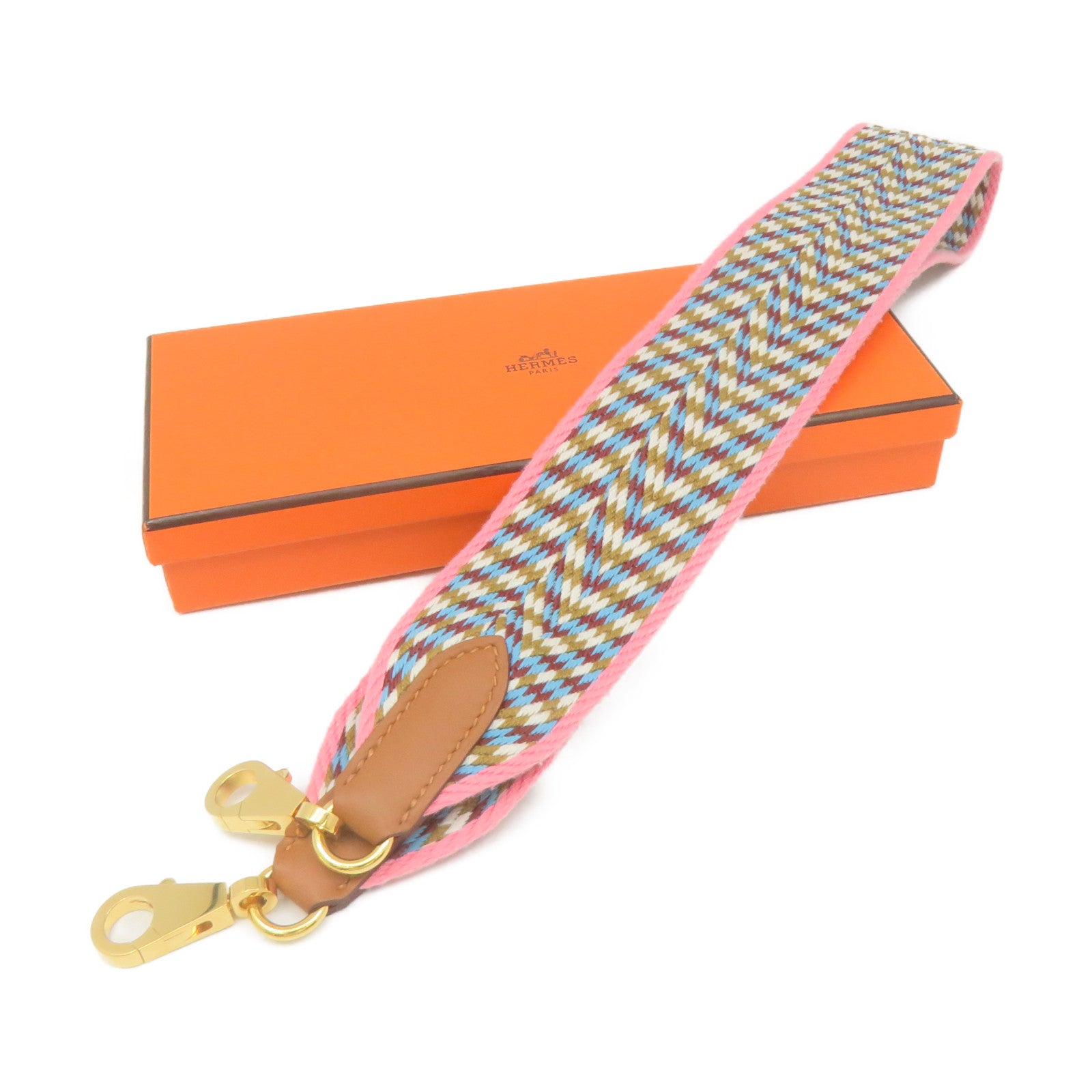 HERMES Canvas Strap Gold Buckle Shoulder Strap Pink Color