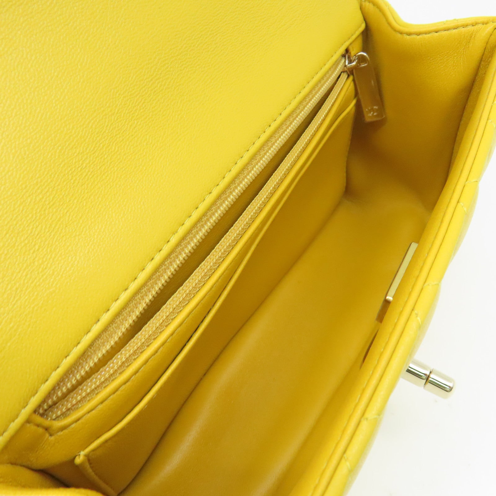 CHANEL 菱格羊皮皮革Flap Bag With Handle Shoulder Bag金扣鏈帶手挽肩背兩用袋黃色