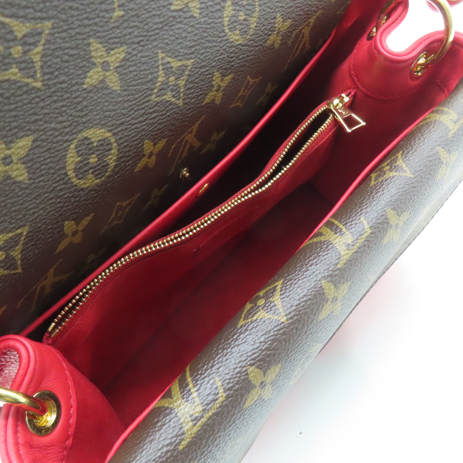 LOUIS VUITTON Monogram/Craft Leather Double V Satchel Gold Buckle Handle Shoulder Bag Red/Brown