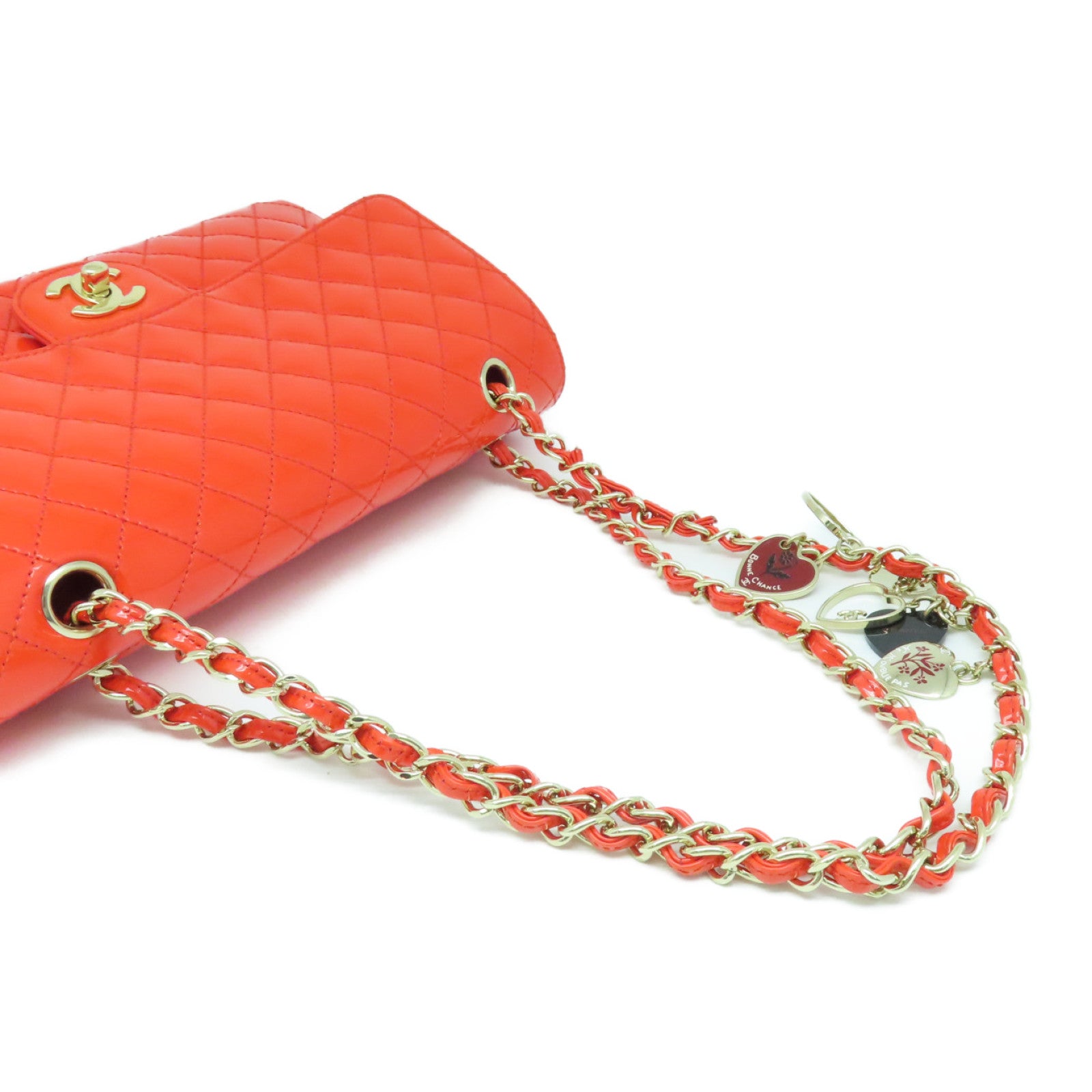 CHANEL 菱格漆皮皮革Chain Shoulder Bag金扣链带肩背袋橙色