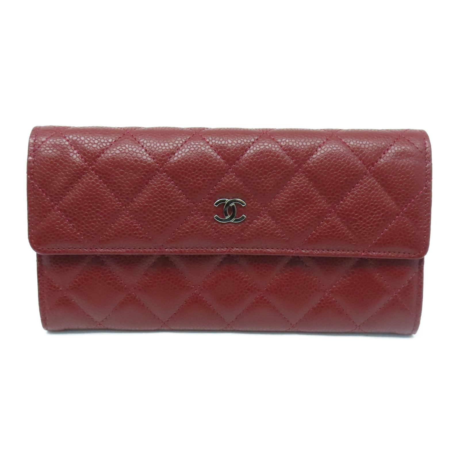 CHANEL Caviar菱格皮革Long Wallet银扣长钱包红色