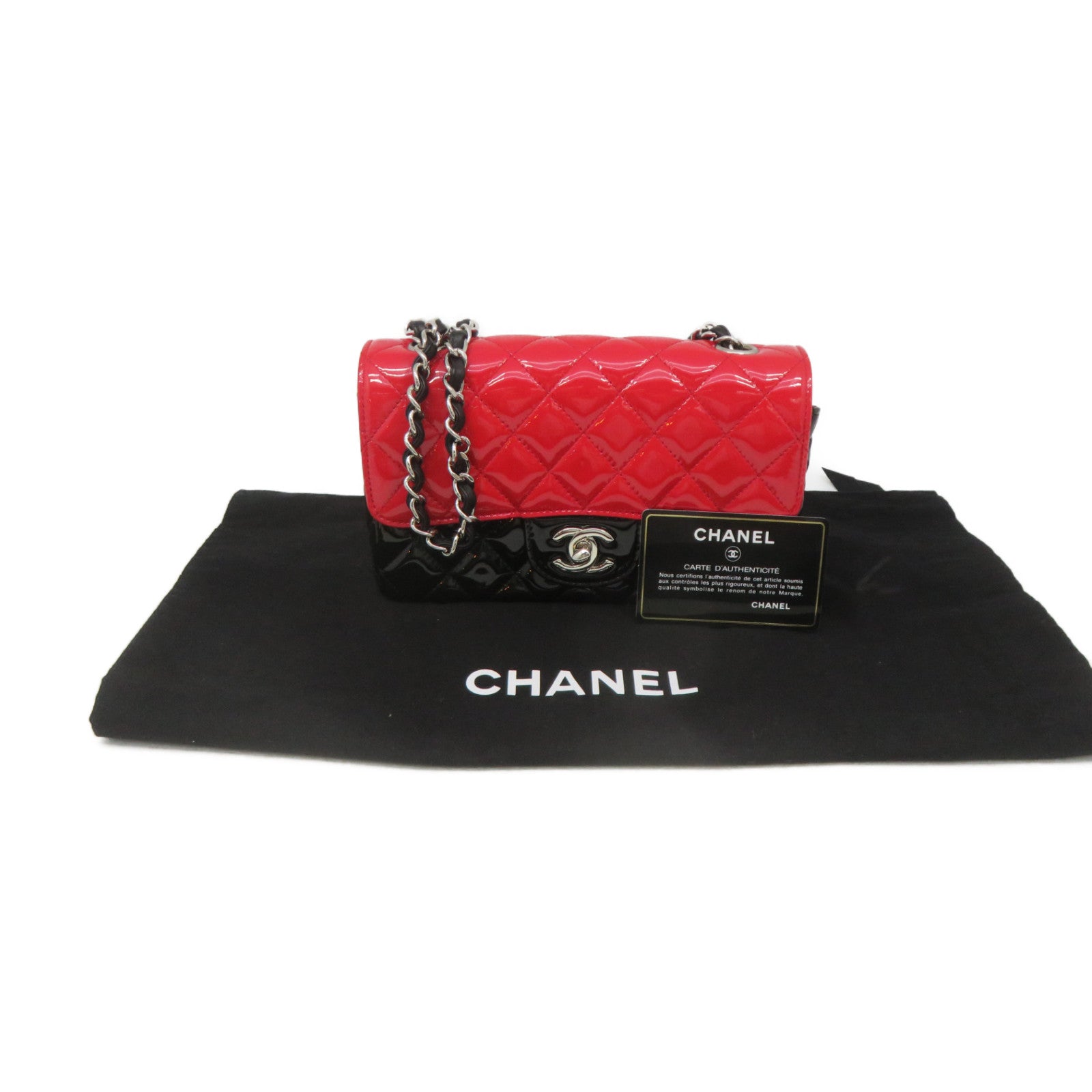 CHANEL 菱格漆皮皮革Chain Shoulder Bag银扣链带肩背袋红色/黑色