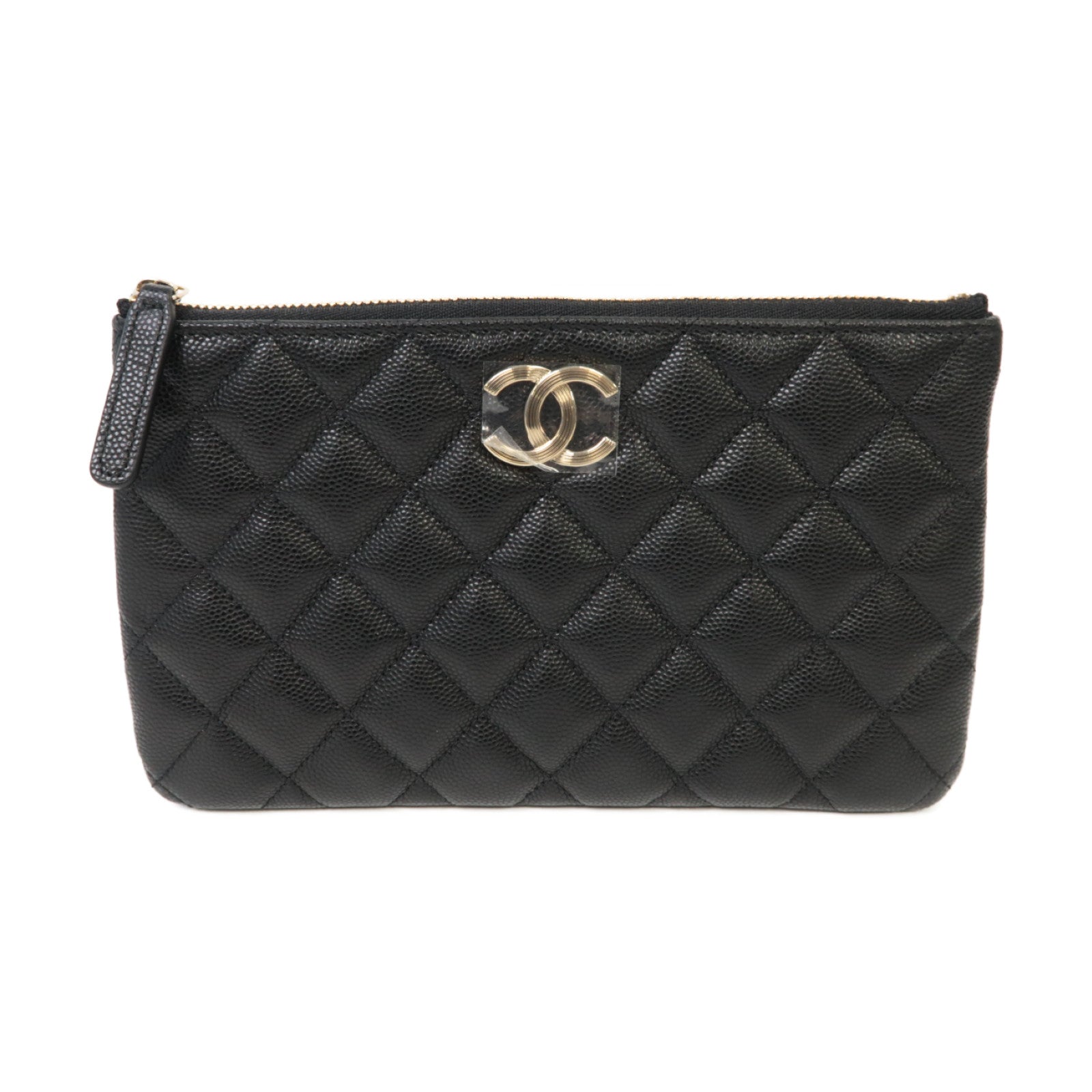 CHANEL 菱格Caviar皮革Pouch金扣手拿包黑色