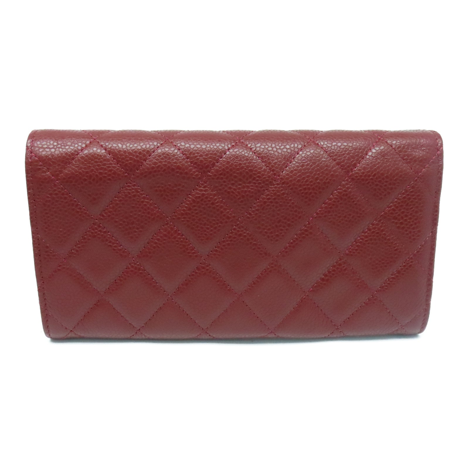 CHANEL Caviar菱格皮革Long Wallet银扣长钱包红色