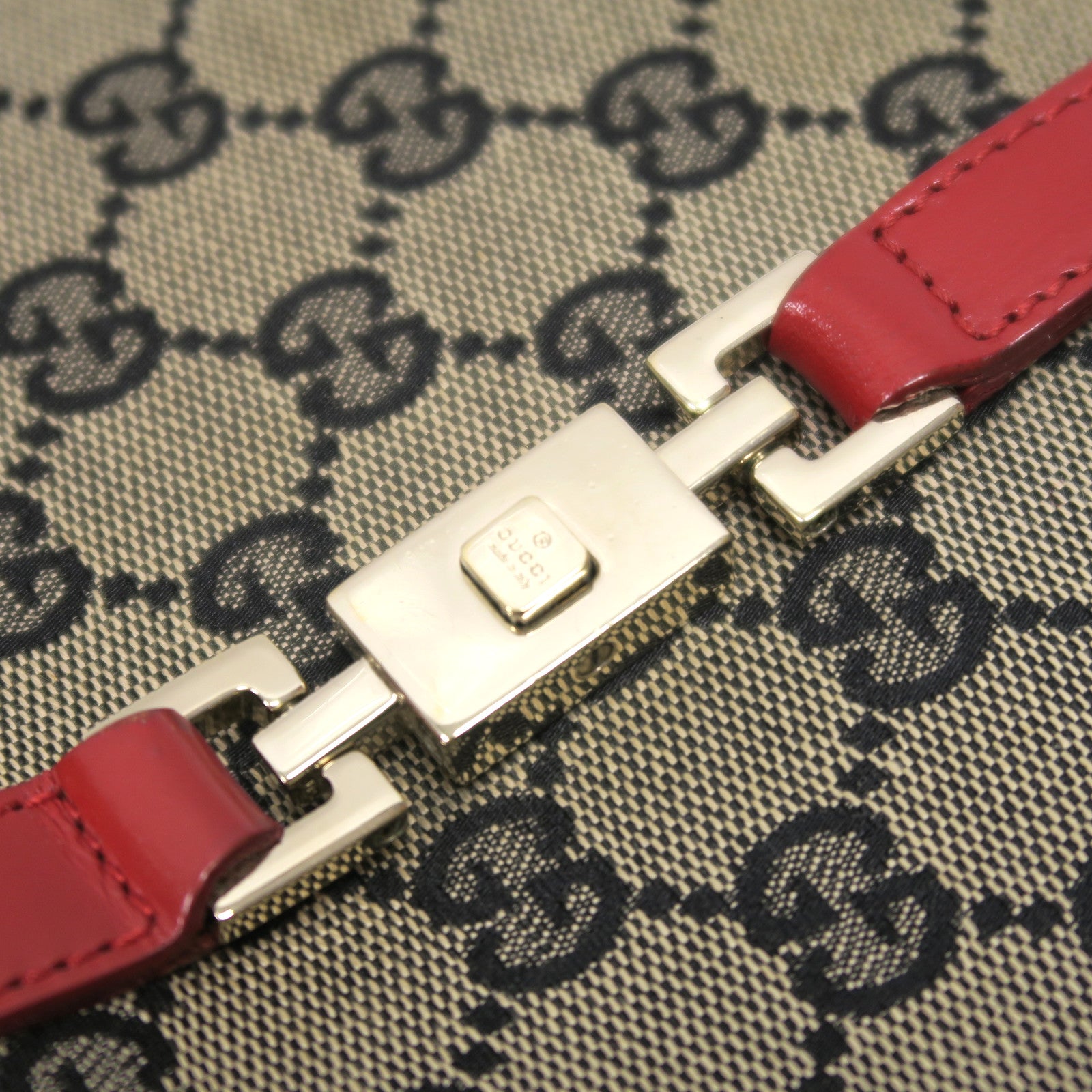 GUCCI 帆布Jackie Handbag金扣手挽袋啡色/紅色